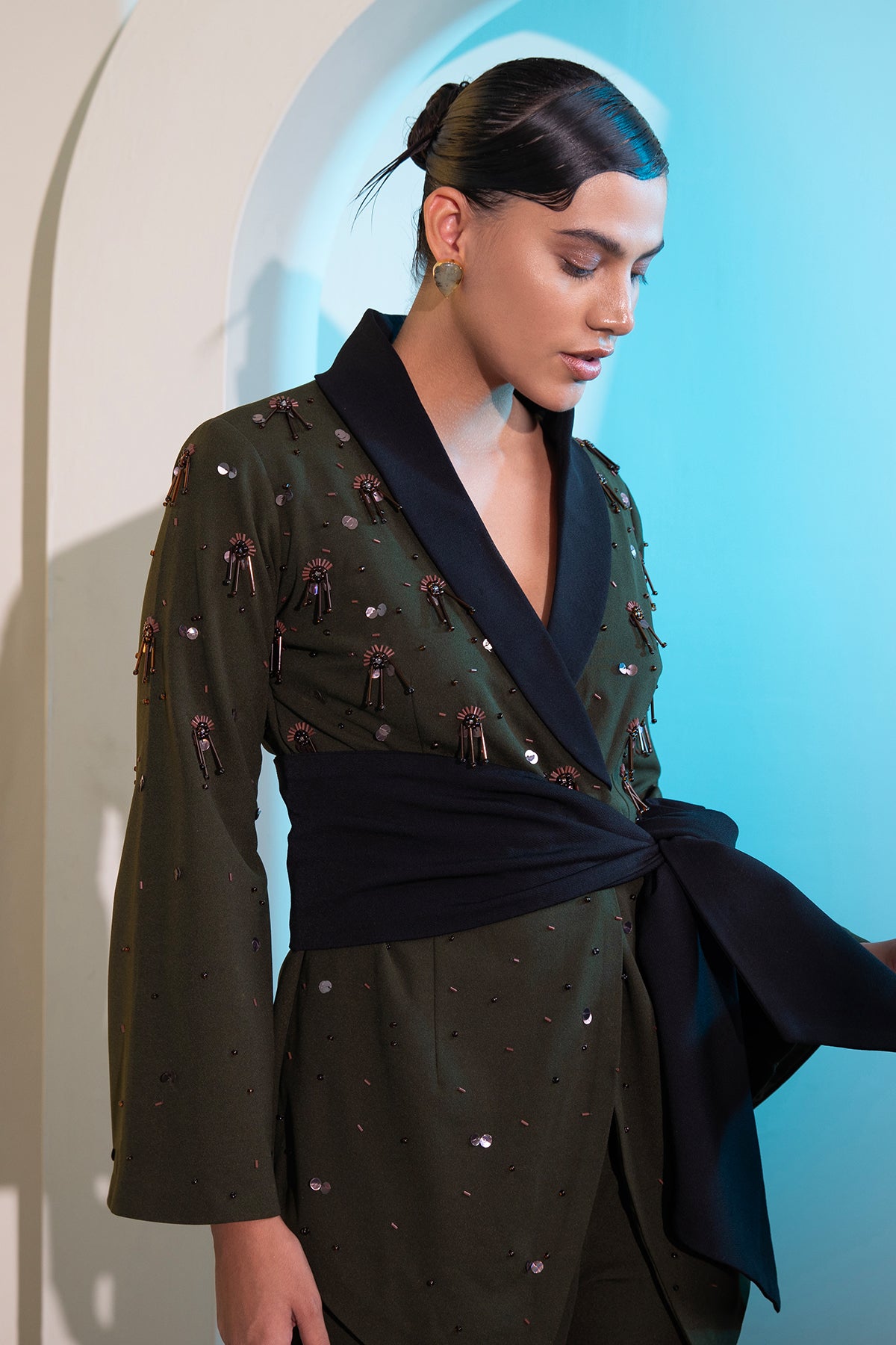 Green structured Overlap belt wraped Blazer & Trouser set