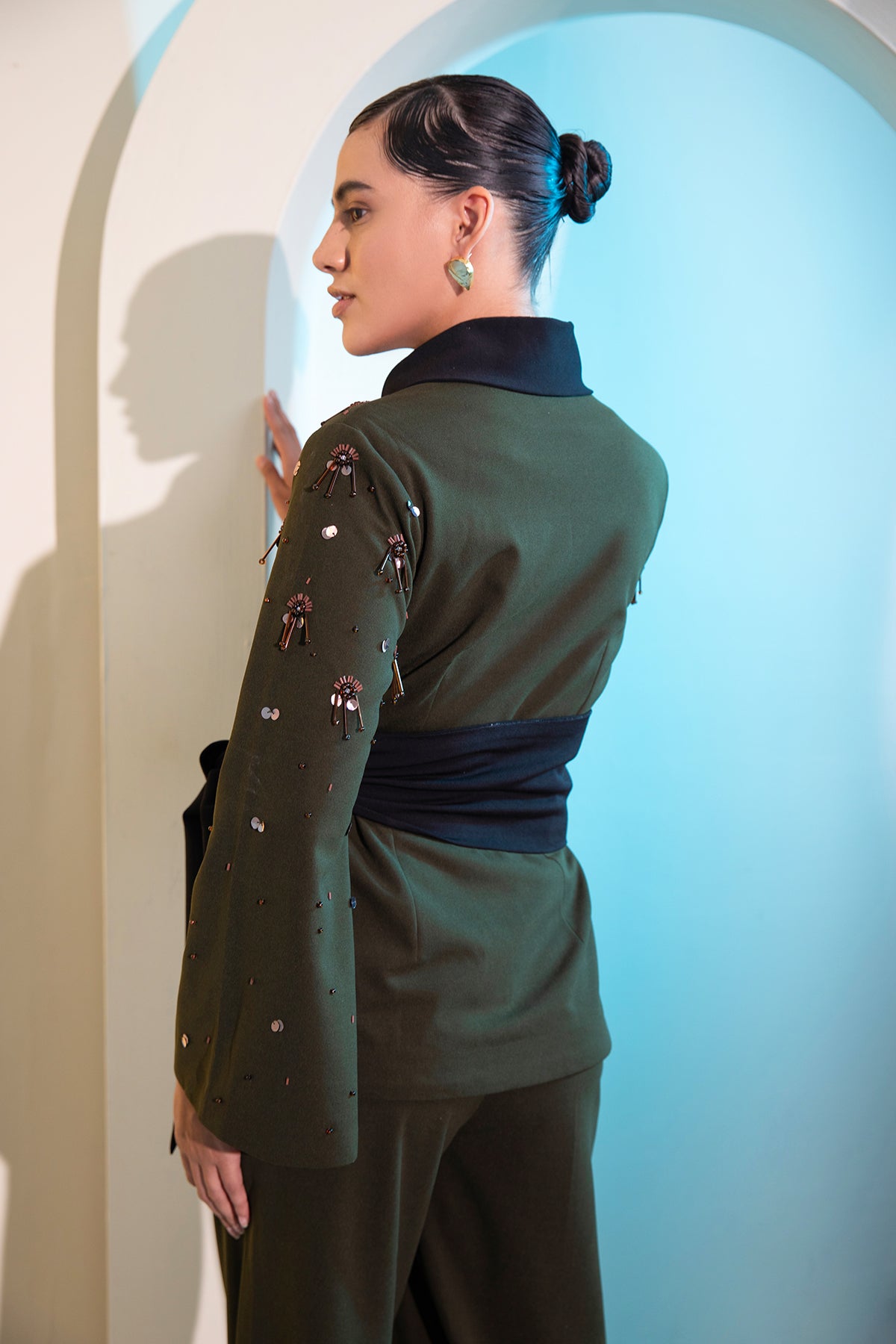 Green structured Overlap belt wraped Blazer & Trouser set
