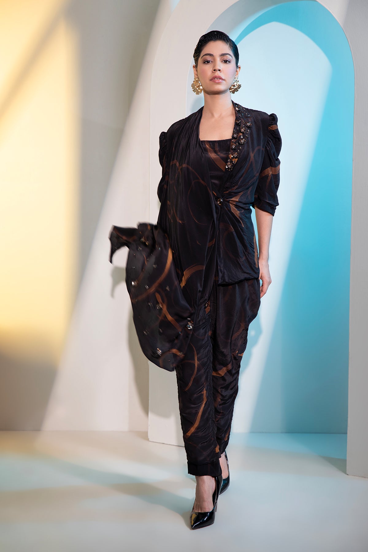 Abstract dyed dramatic draped Jacket & Trouser set