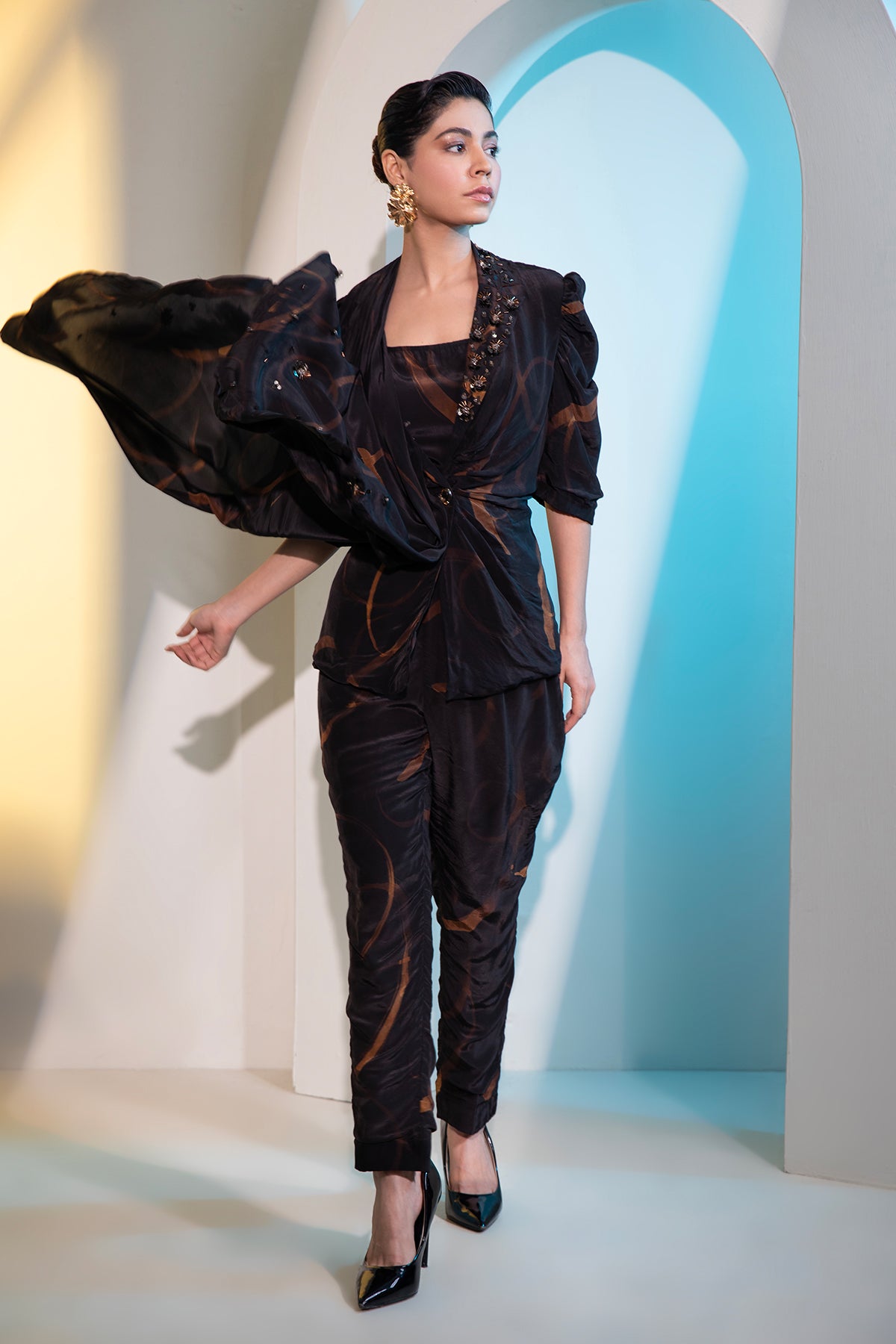 Abstract dyed dramatic draped Jacket & Trouser set