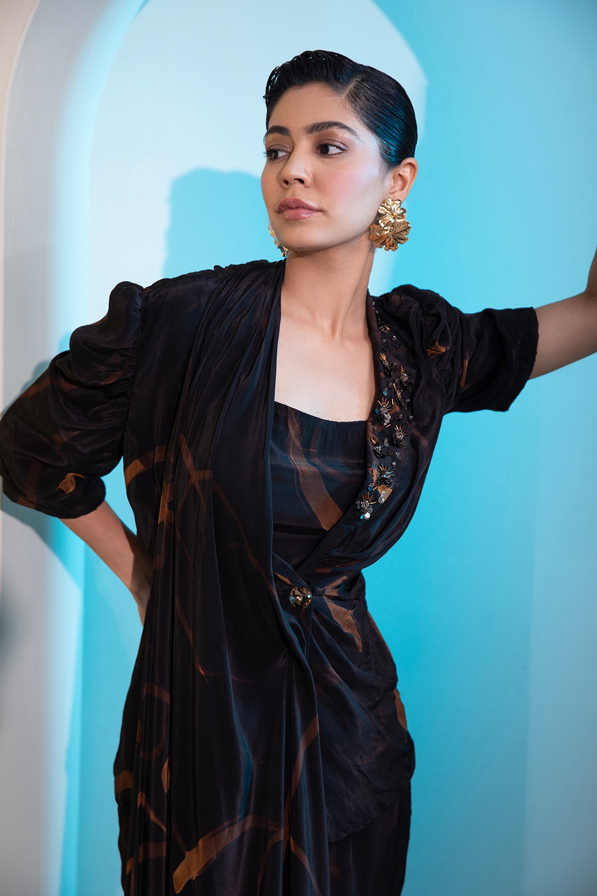 Abstract dyed dramatic draped Jacket & Trouser set