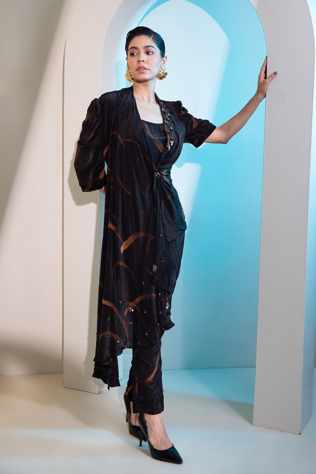 Abstract dyed dramatic draped Jacket & Trouser set