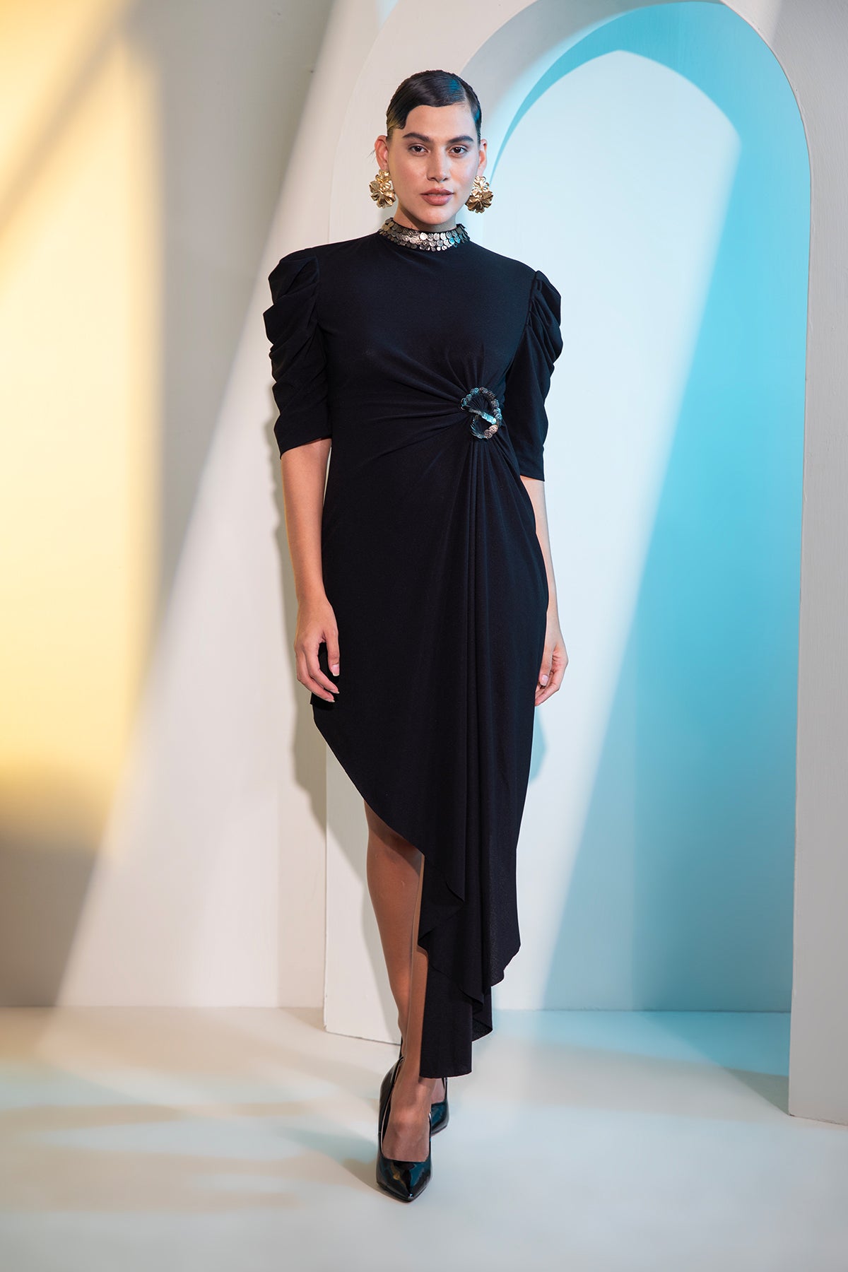 Coin Hi-Neck Draped Asymmetric dress with cowl sleeves