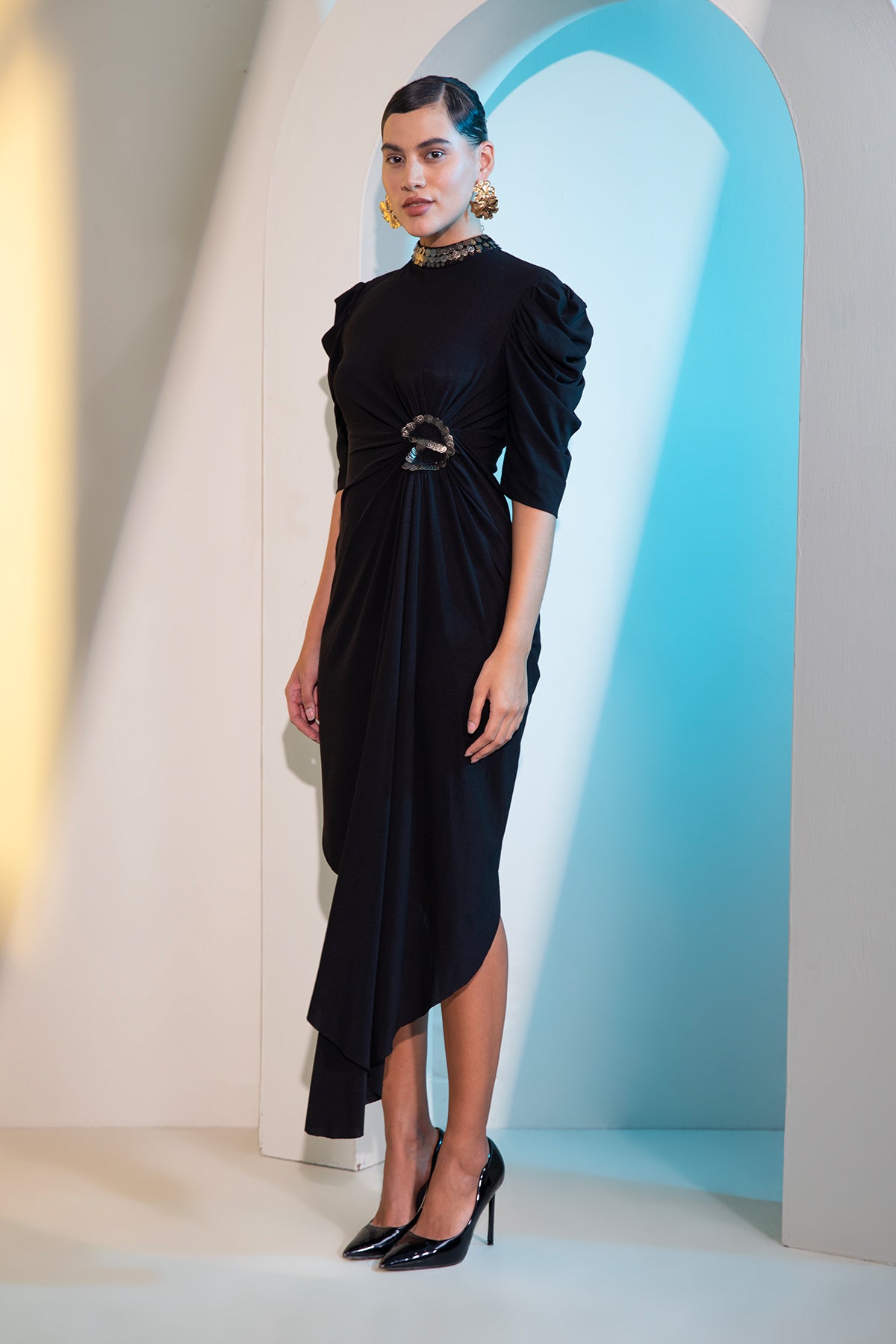 Coin Hi-Neck Draped Asymmetric dress with cowl sleeves