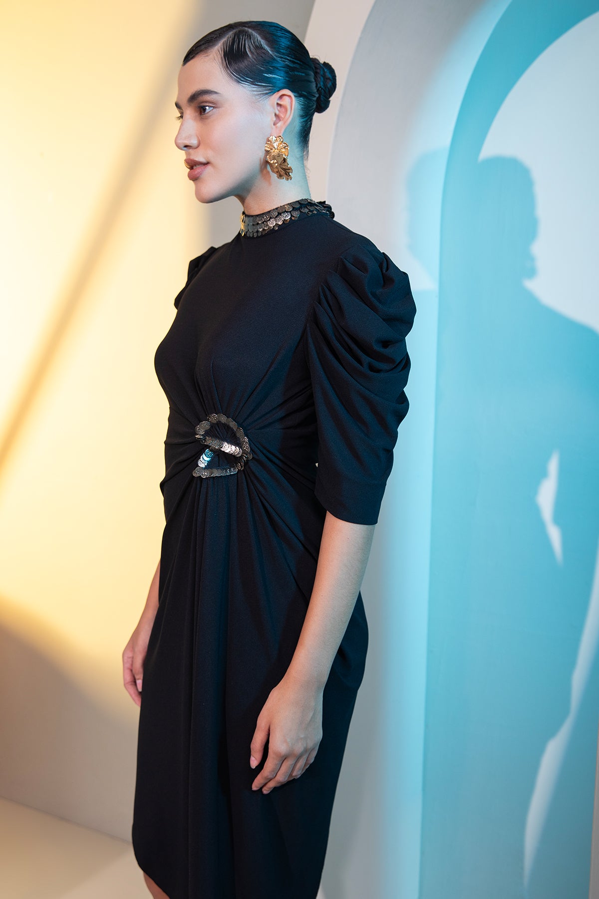 Coin Hi-Neck Draped Asymmetric dress with cowl sleeves