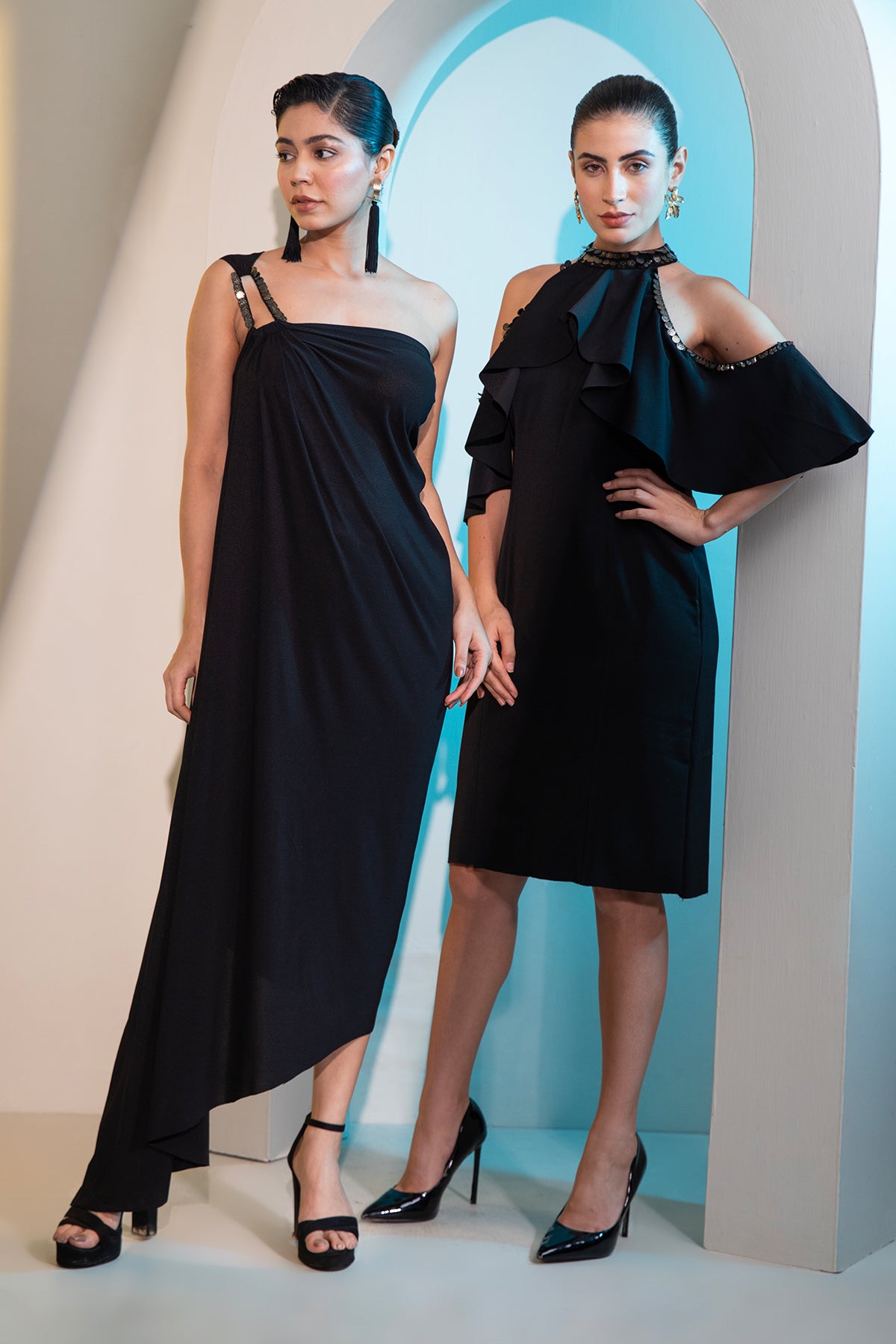 Ruffled cold shoulder hi-neck coin dress