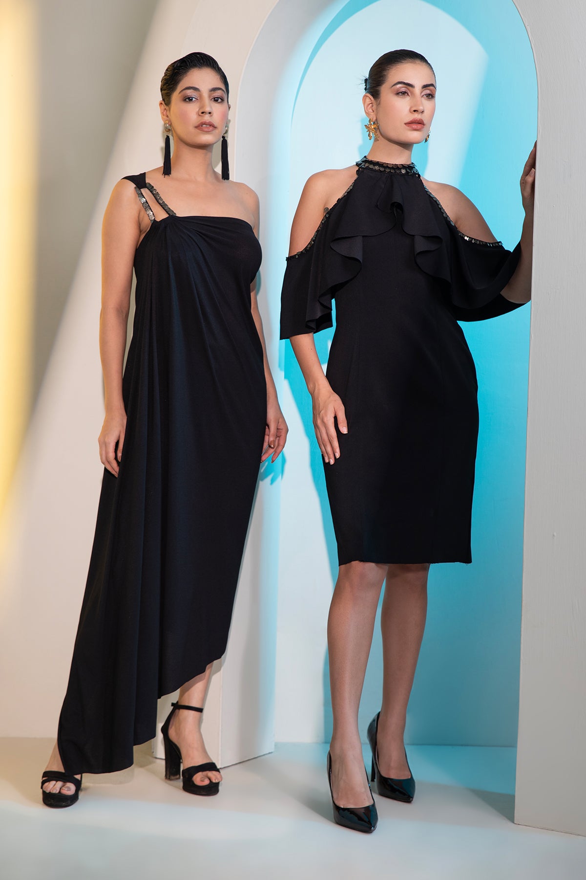 Ruffled cold shoulder hi-neck coin dress