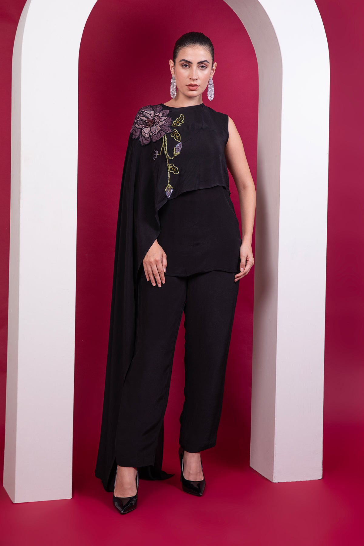 Black asymmetric cape top Cocktail Co-ord set