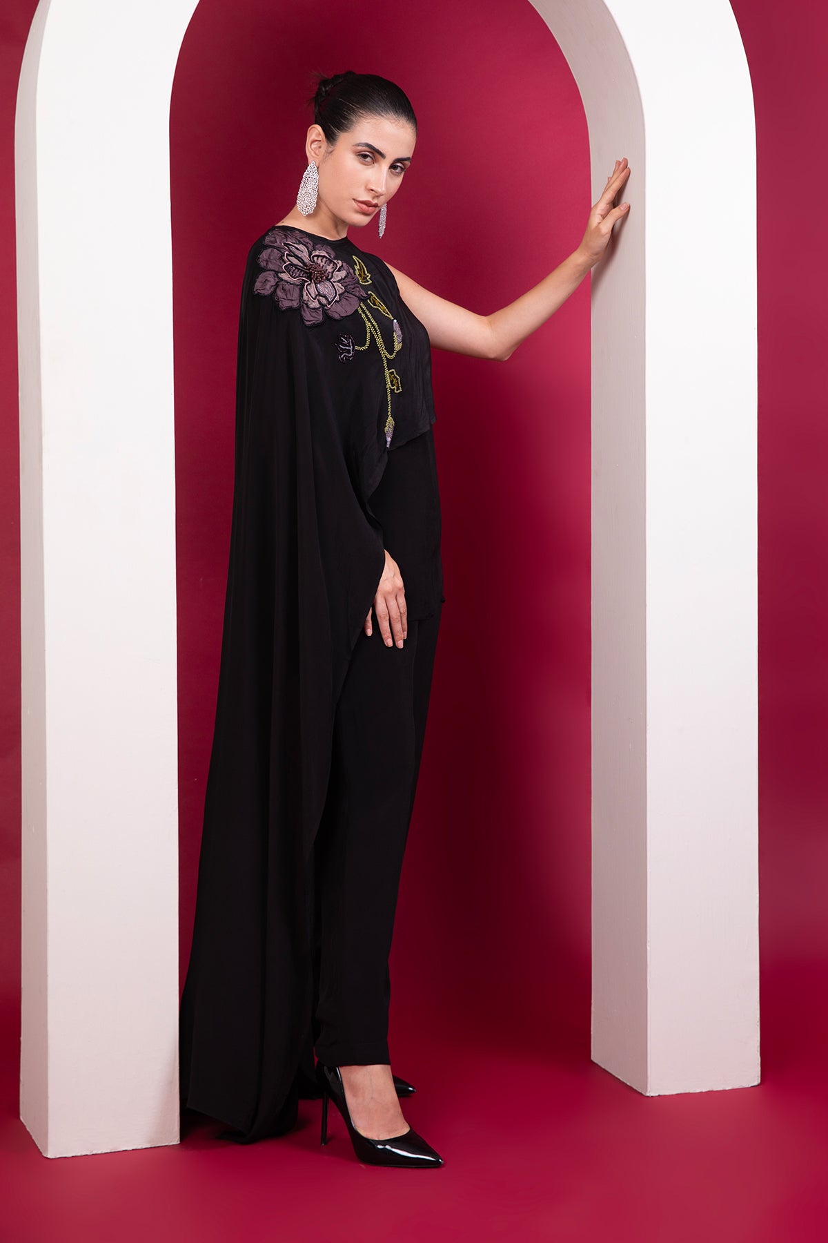 Black asymmetric cape top Cocktail Co-ord set