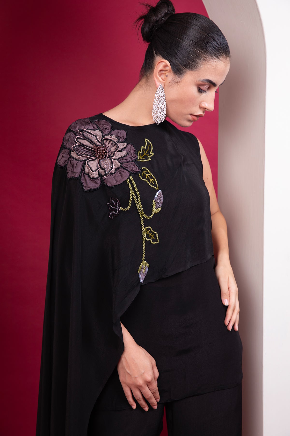 Black asymmetric cape top Cocktail Co-ord set