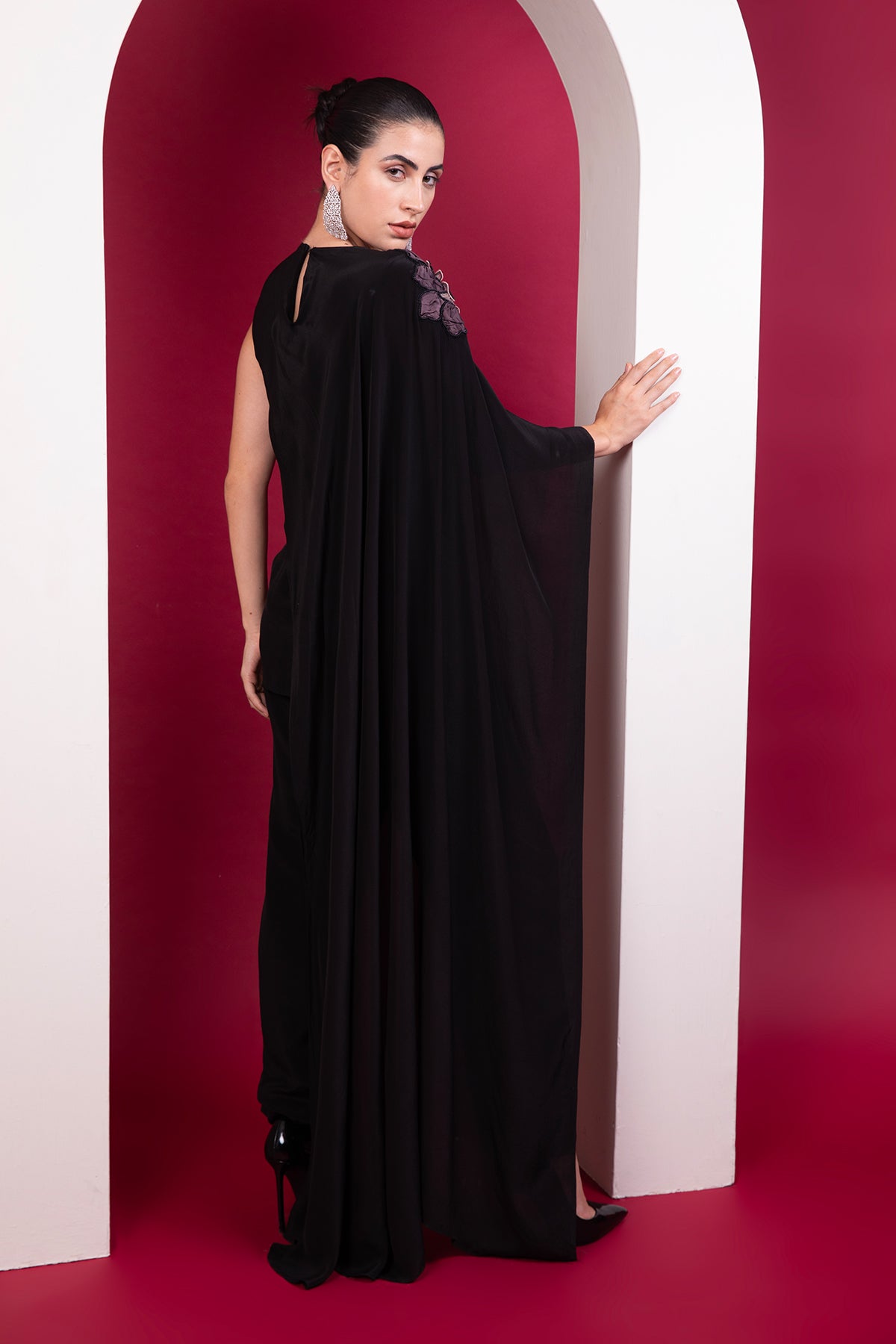 Black asymmetric cape top Cocktail Co-ord set