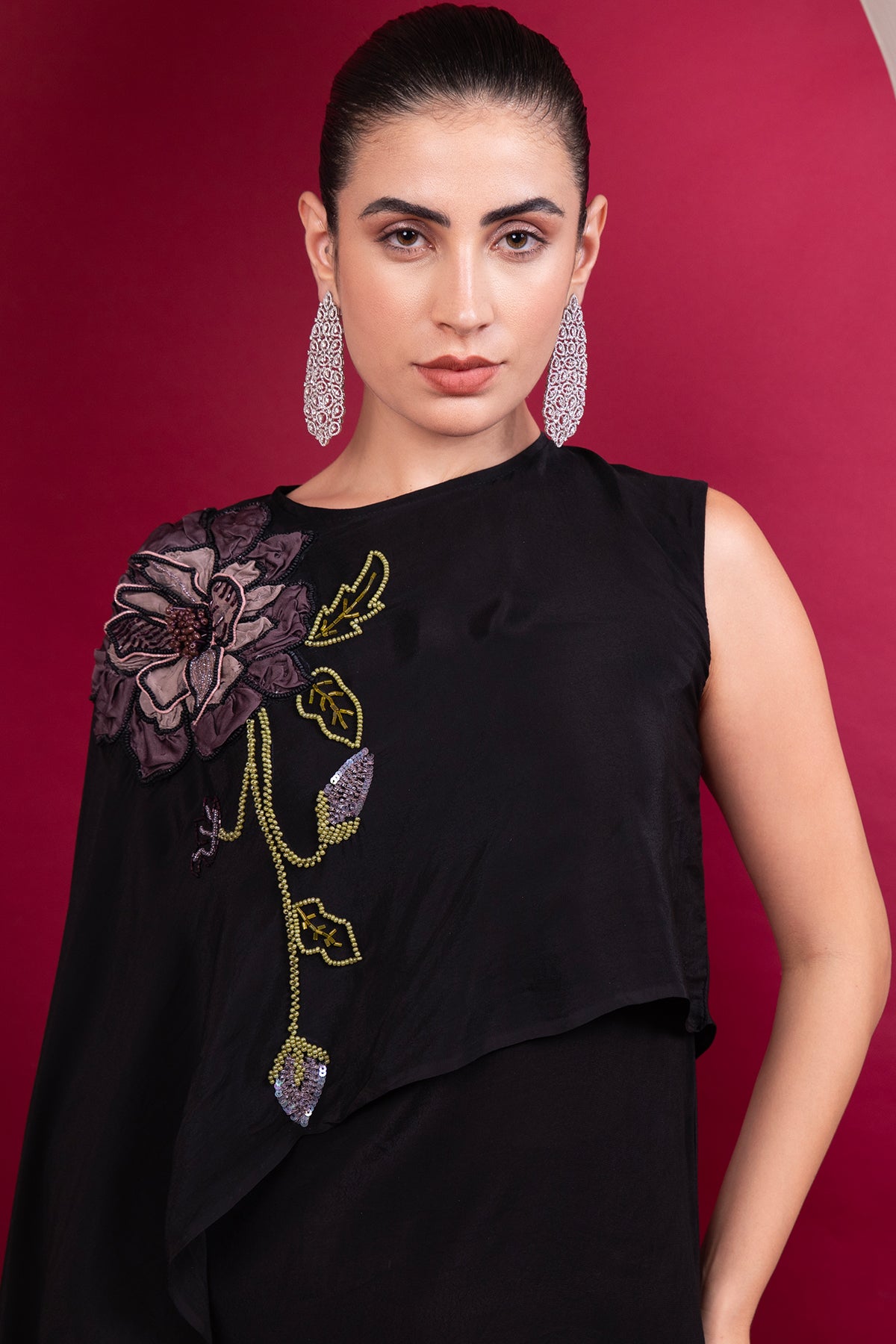 Black asymmetric cape top Cocktail Co-ord set