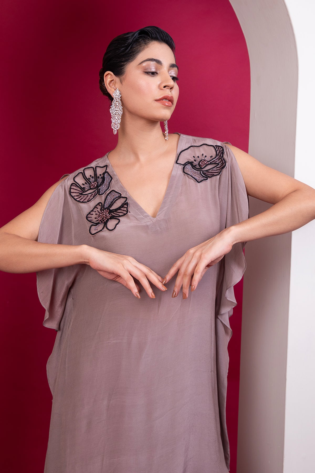 Asymmetric kaftan & palazzo set in greige shade