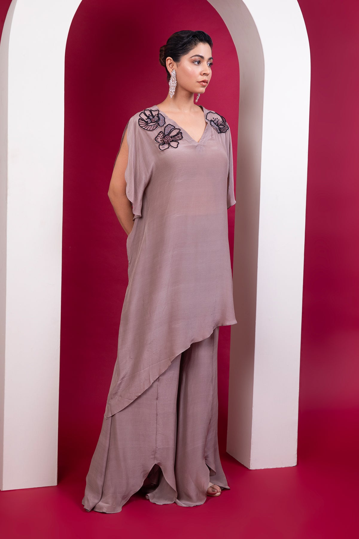 Asymmetric kaftan & palazzo set in greige shade