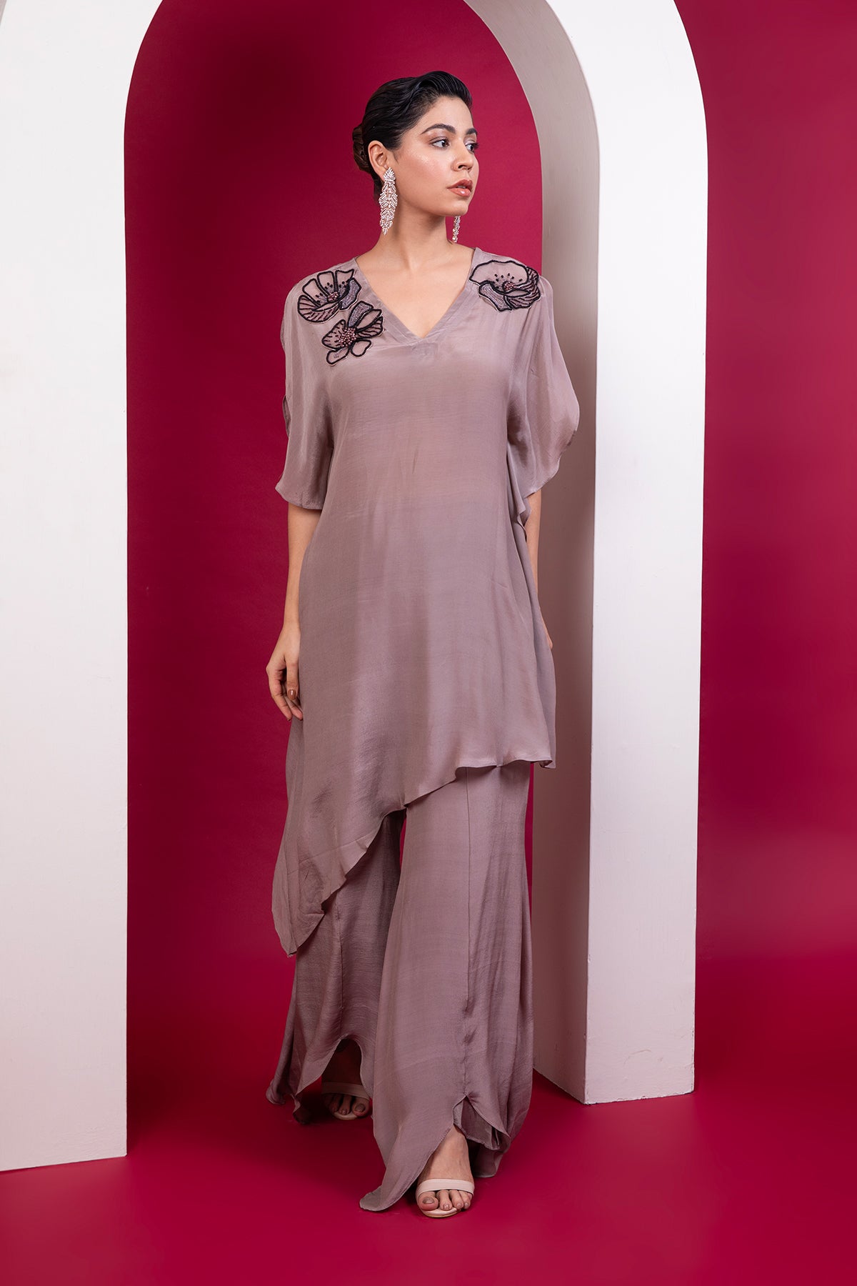Asymmetric kaftan & palazzo set in greige shade