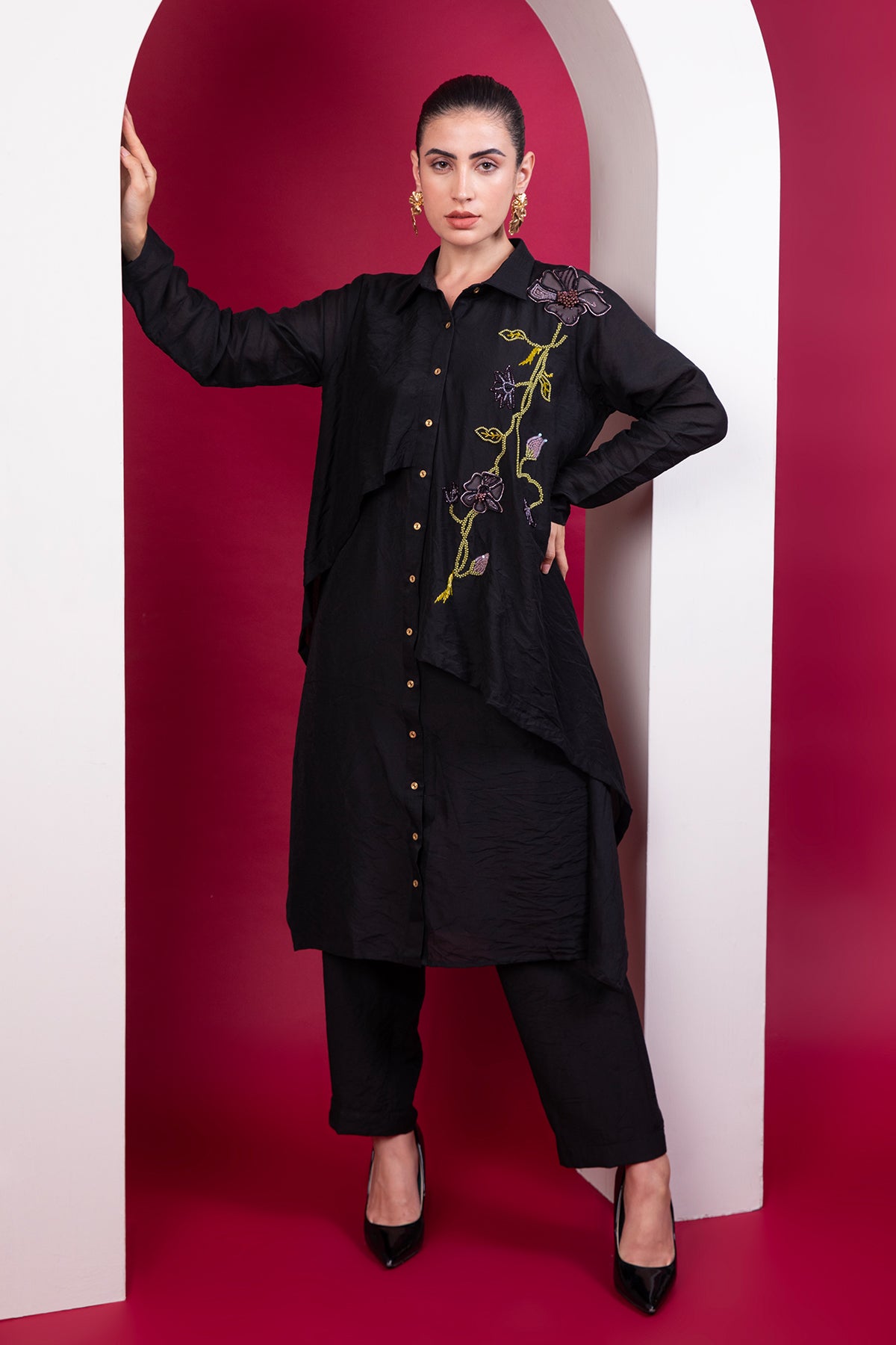 Black layered long shirt Co-ord set