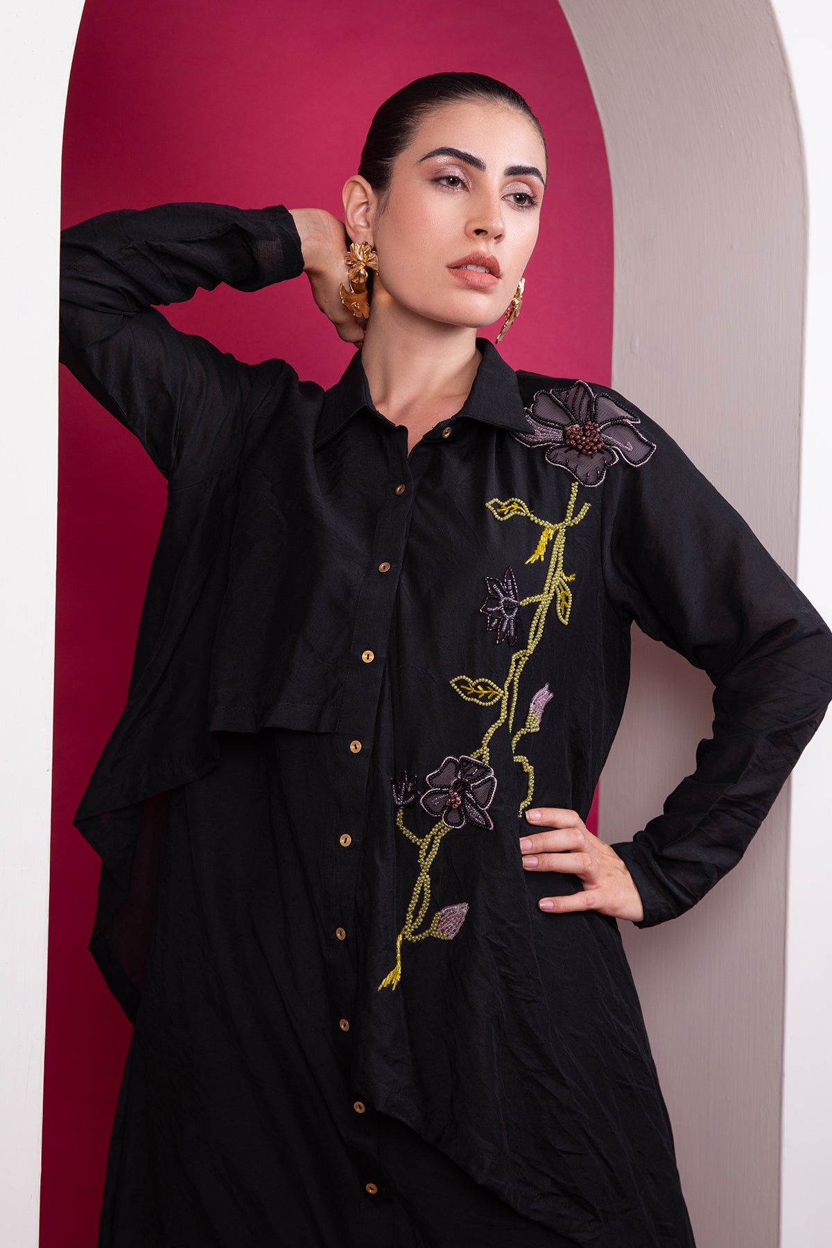 Black layered long shirt Co-ord set