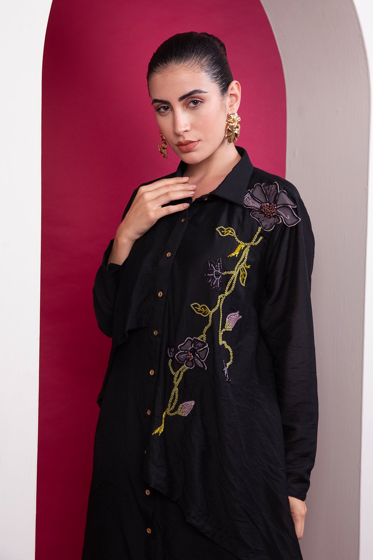 Black layered long shirt Co-ord set