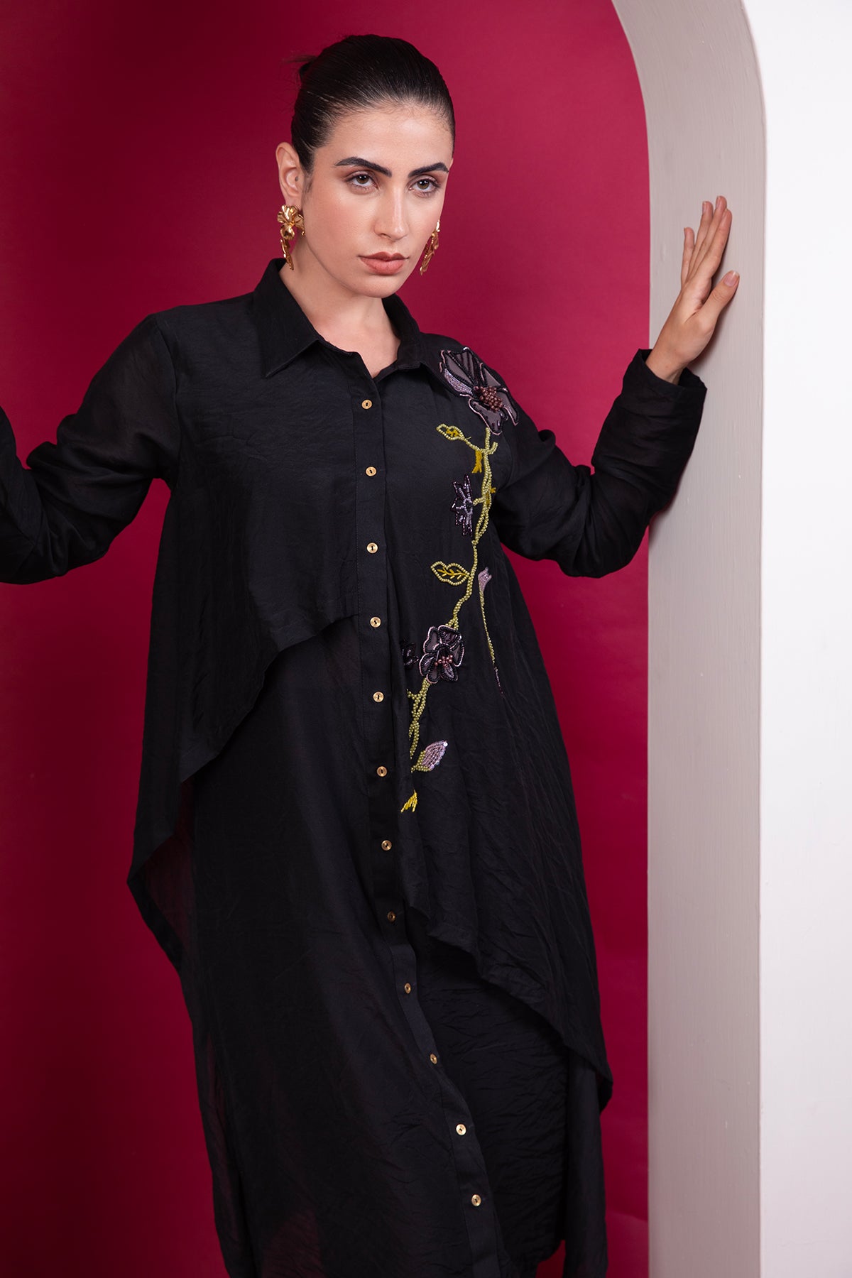 Black layered long shirt Co-ord set