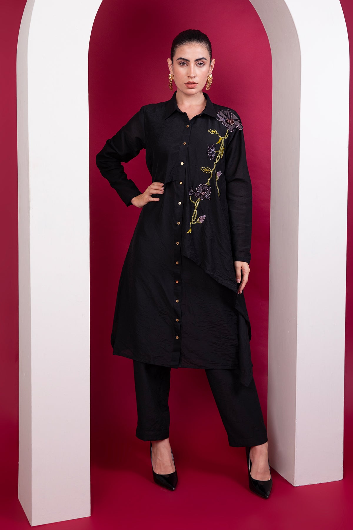 Black layered long shirt Co-ord set