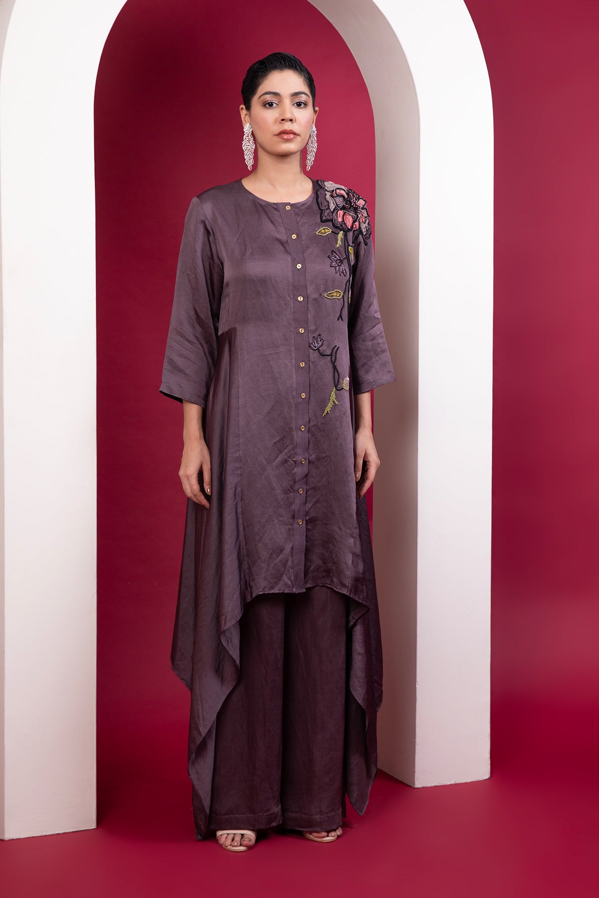 Structured asymmetric tunic with side bias flare & straight pants