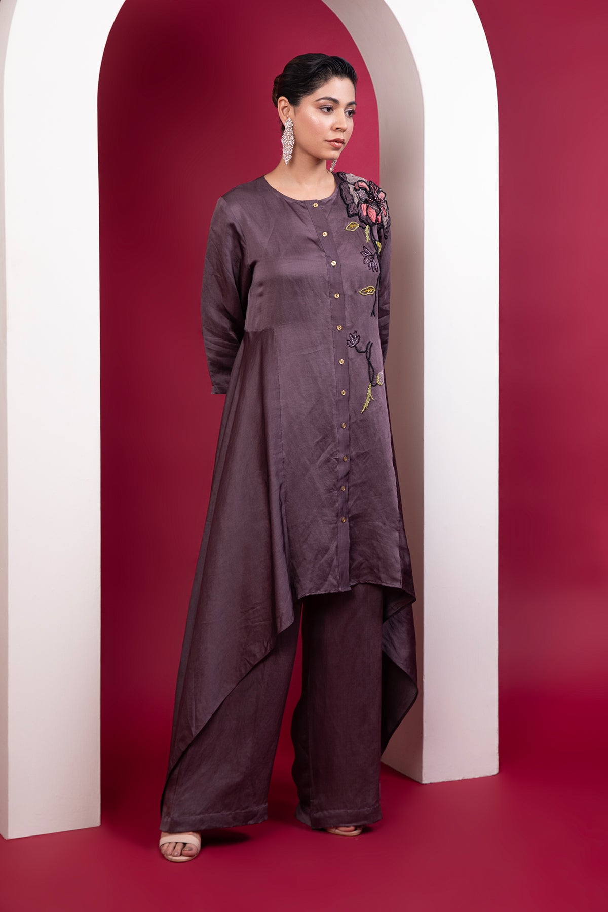 Structured asymmetric tunic with side bias flare & straight pants