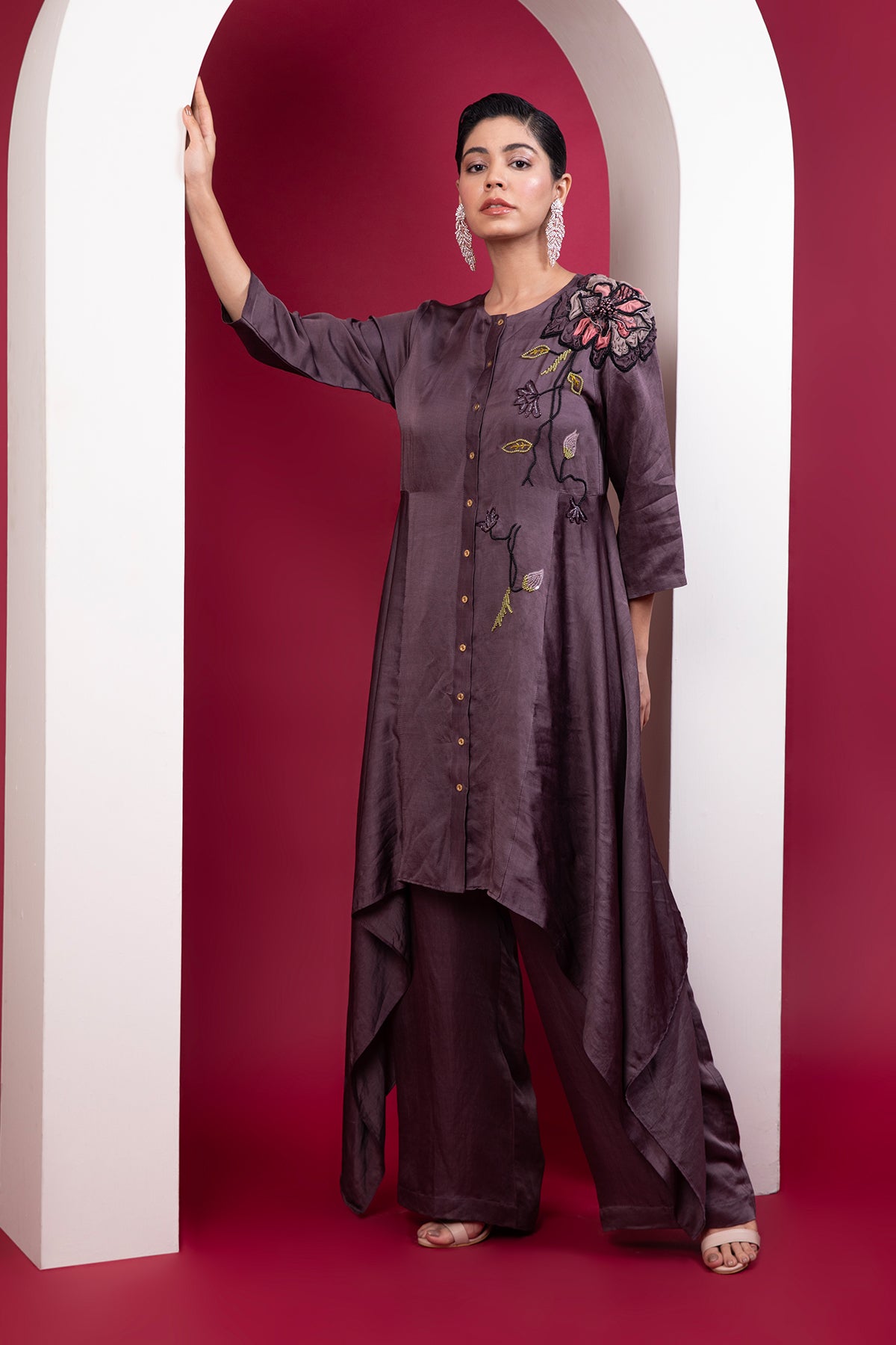 Structured asymmetric tunic with side bias flare & straight pants