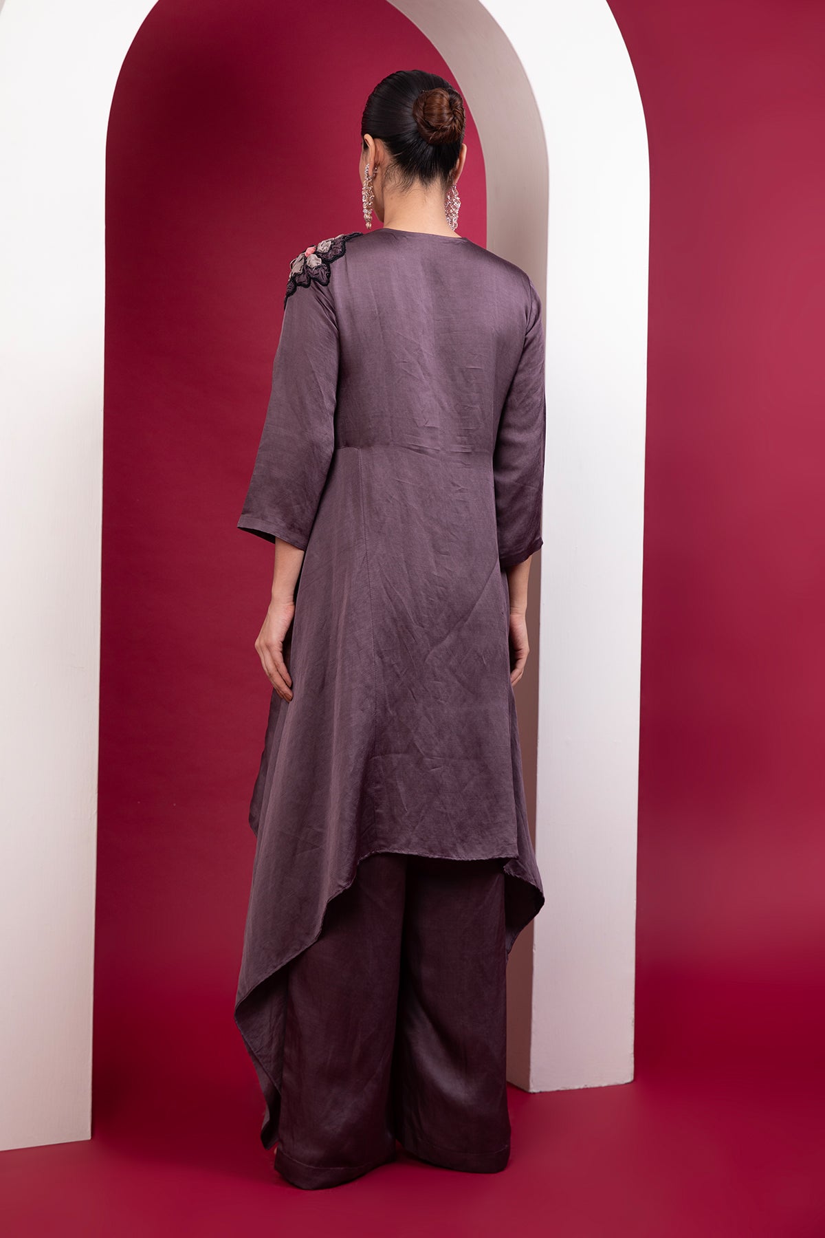 Structured asymmetric tunic with side bias flare & straight pants