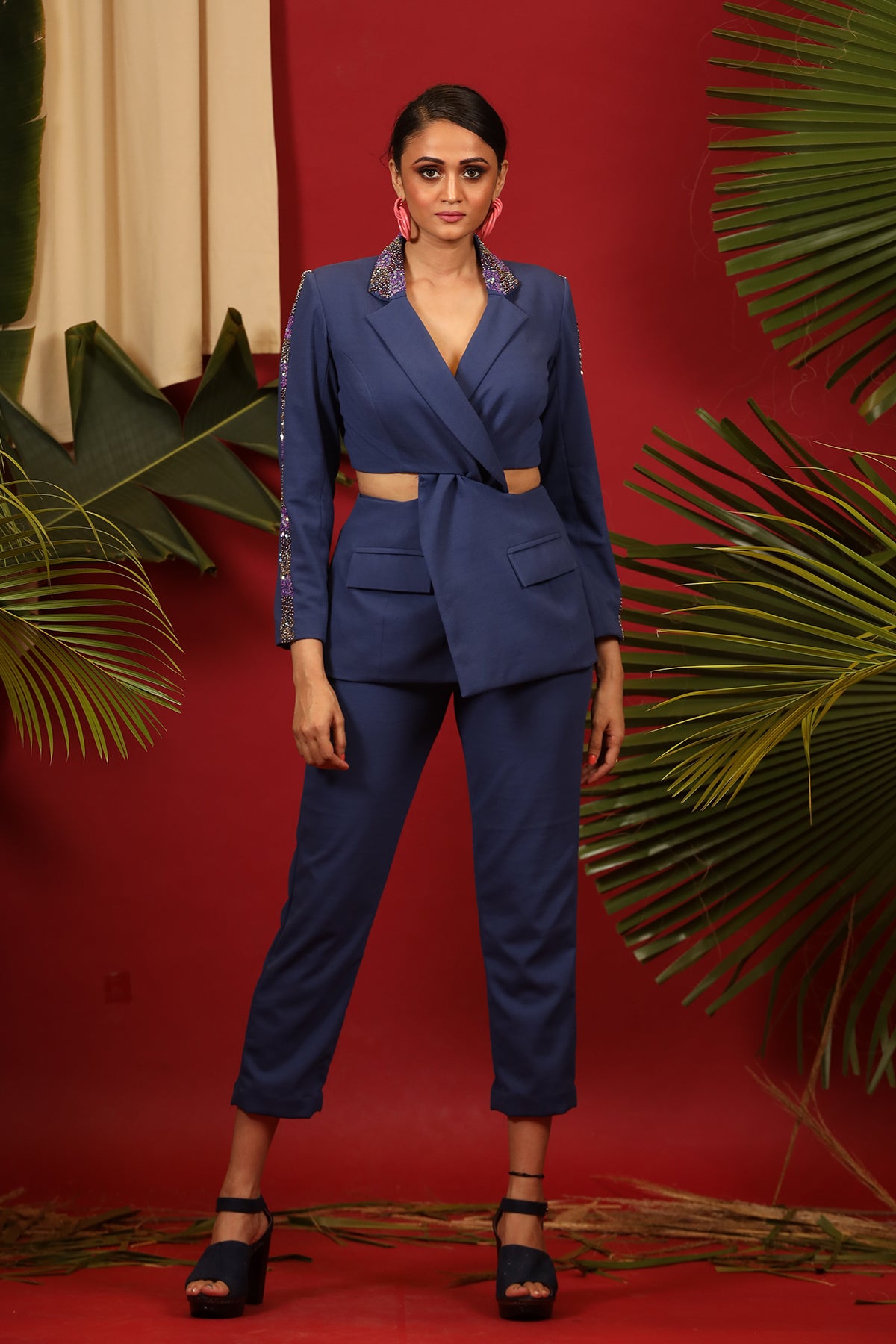 Blue Twisted Cutout waist Co-ord set