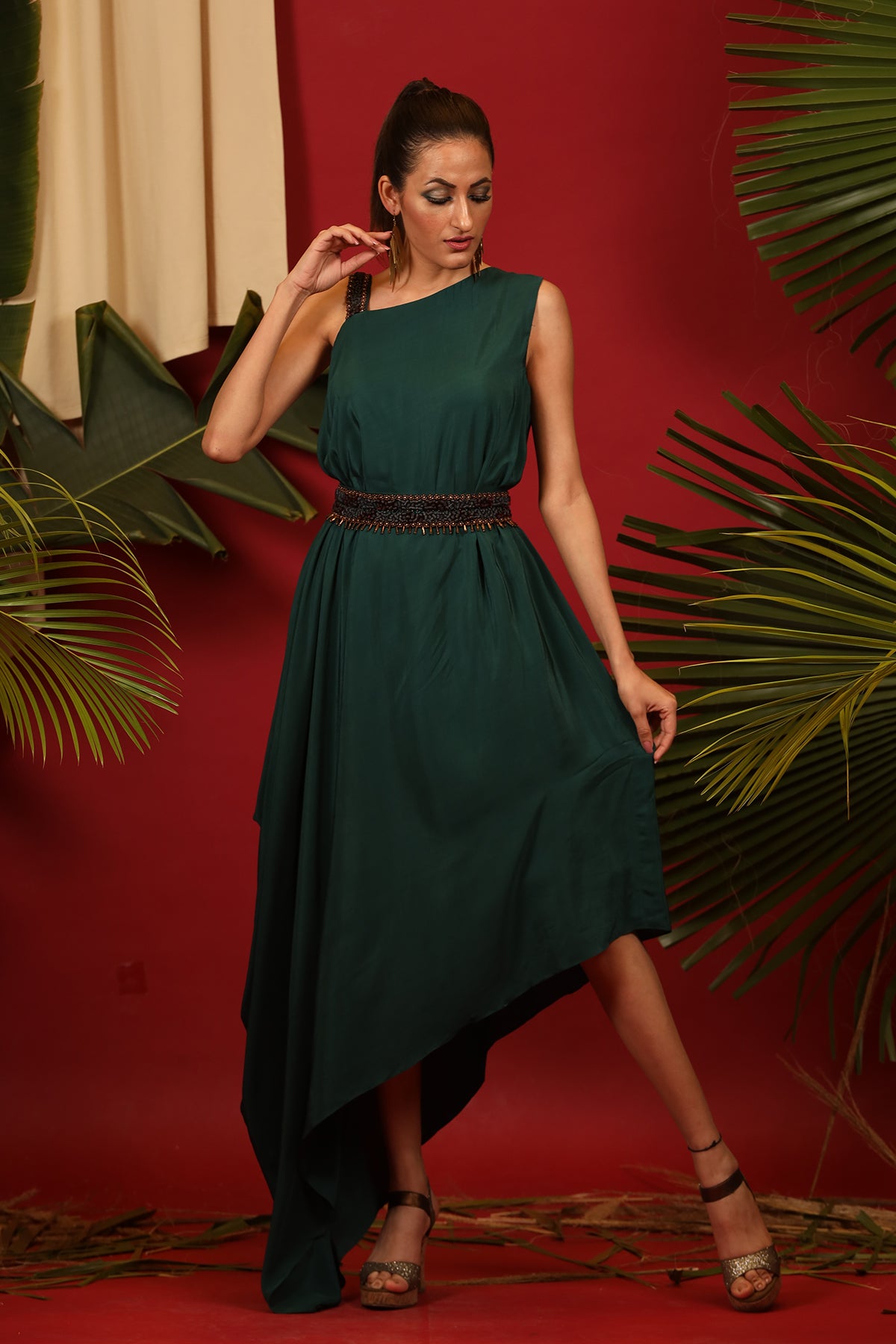 Bottle green one shoulder drape tunic with embellished belt