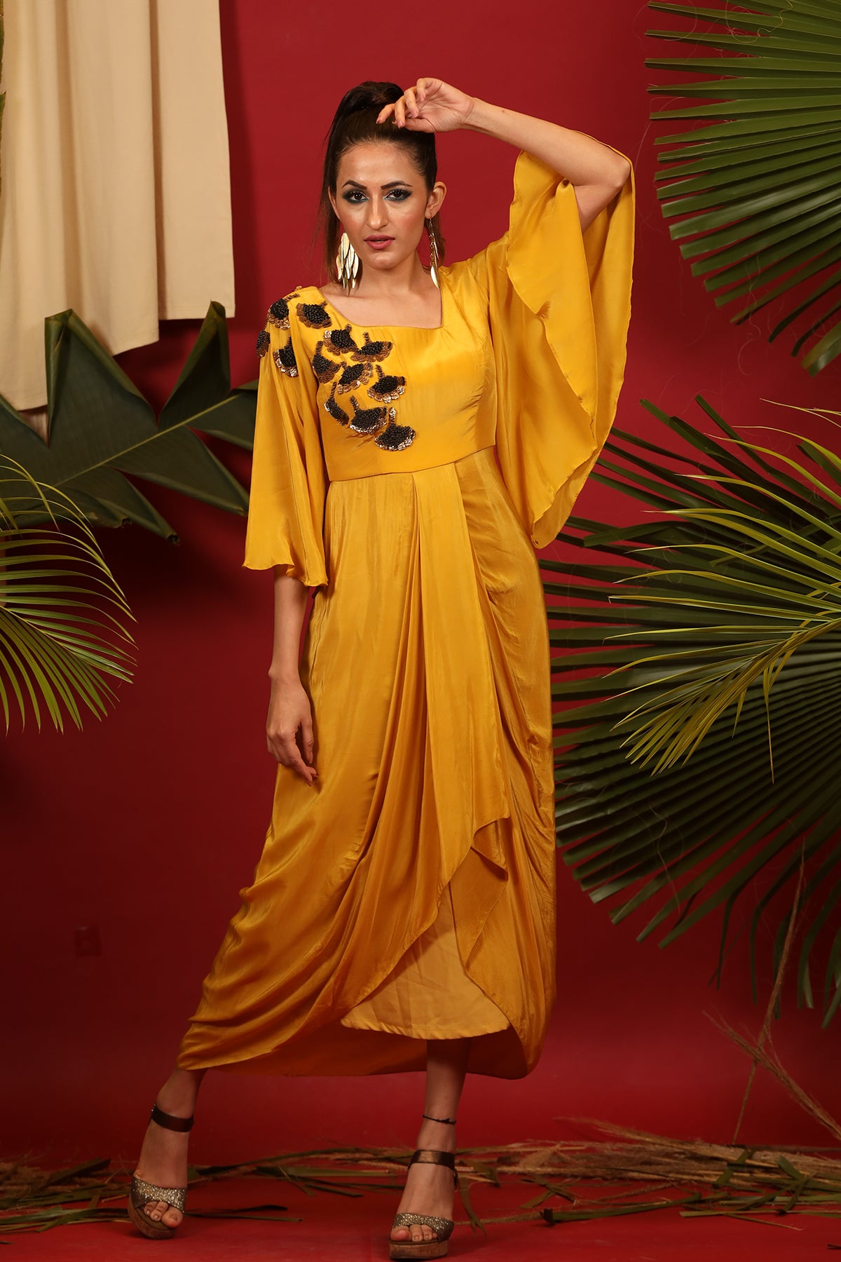 Mustard drape tunic with bell sleeves