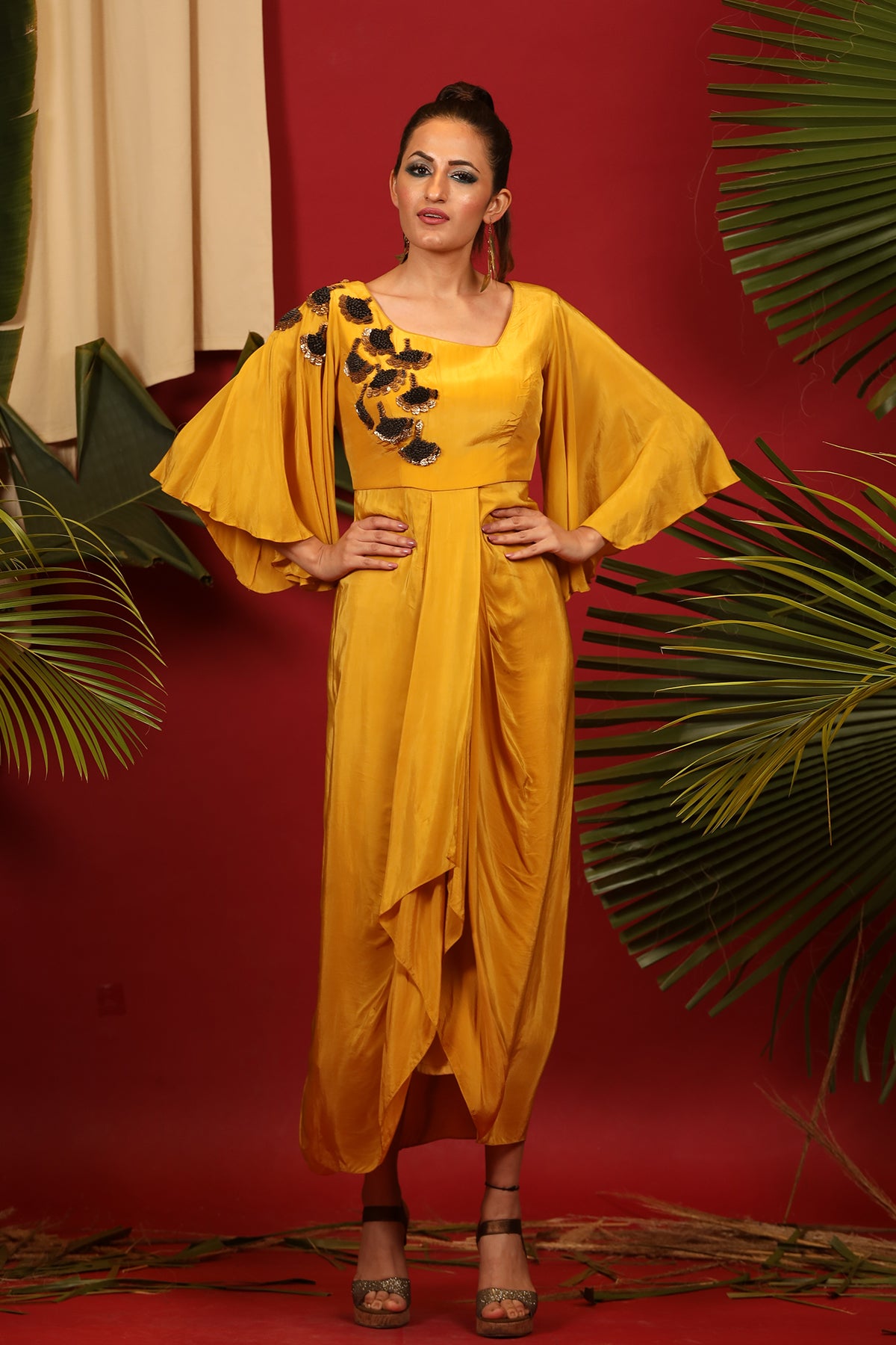 Mustard drape tunic with bell sleeves