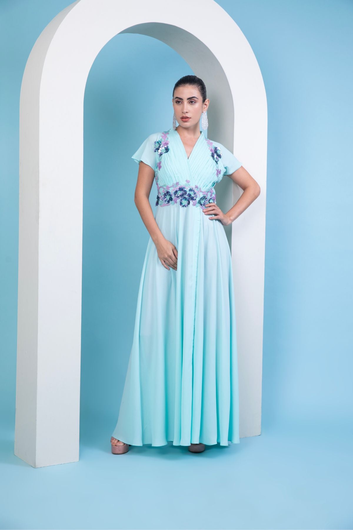 Aqua blue draped Grecian gown