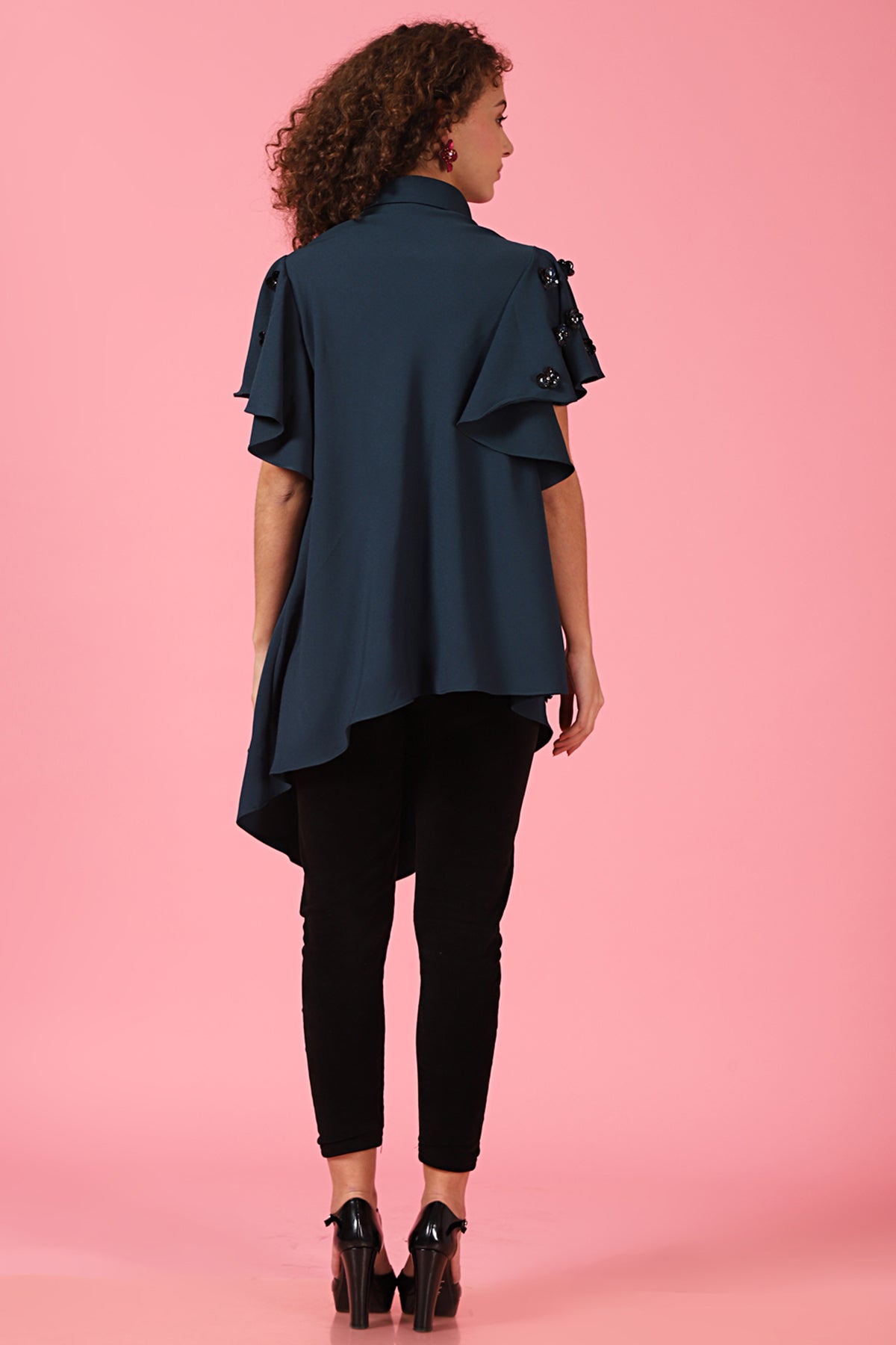 Asymmetric bell sleeves butterfly shirt