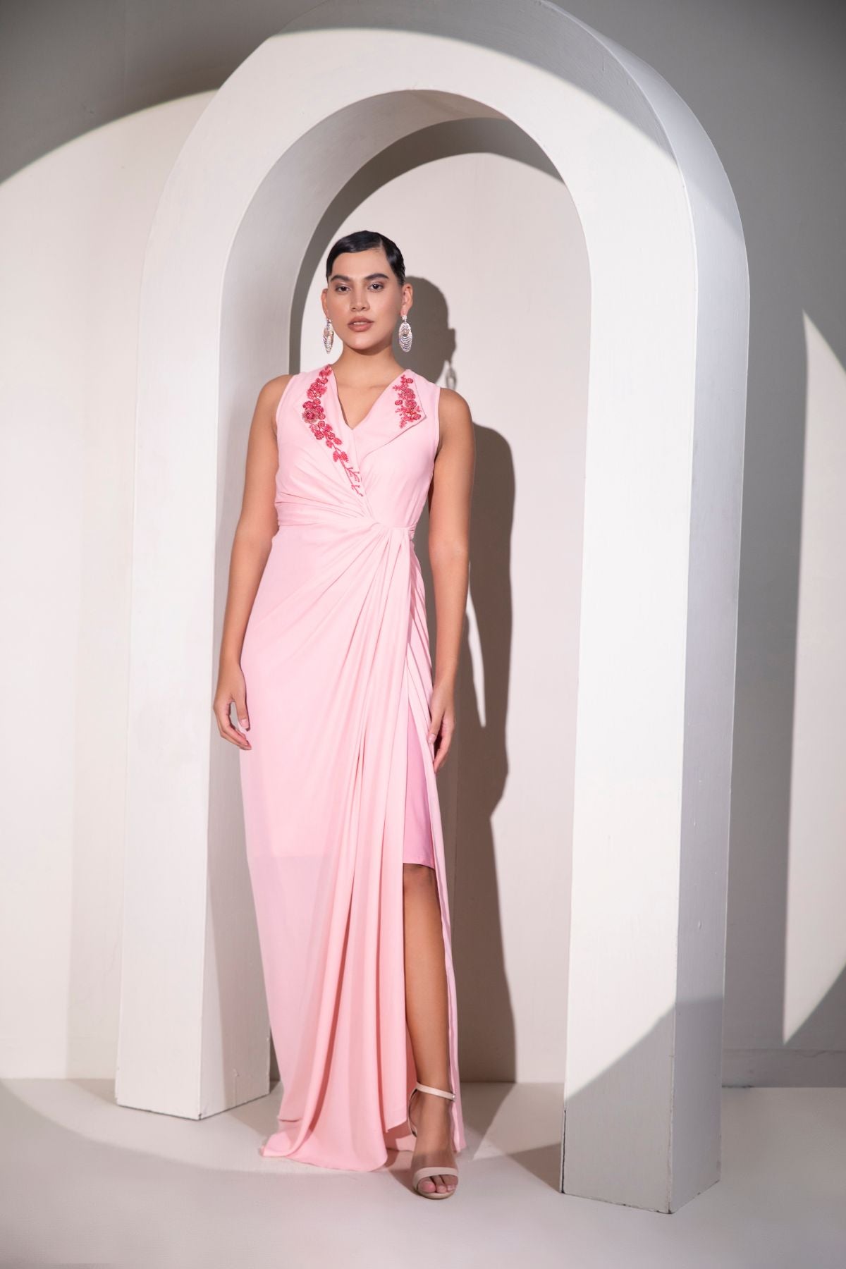 Peach Trench collared knot draped Maxi Gown