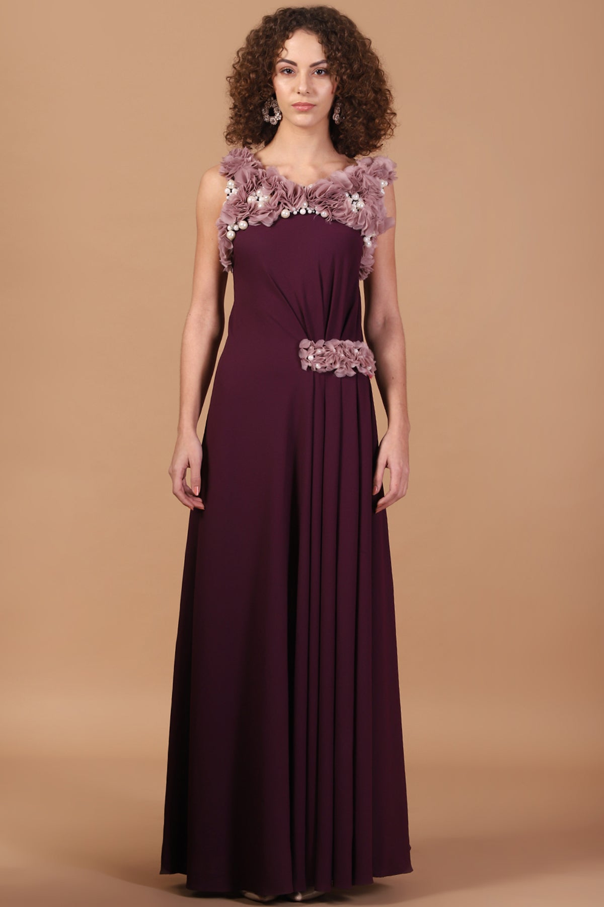 Grecian Pleated Organza ruched Plum Gown