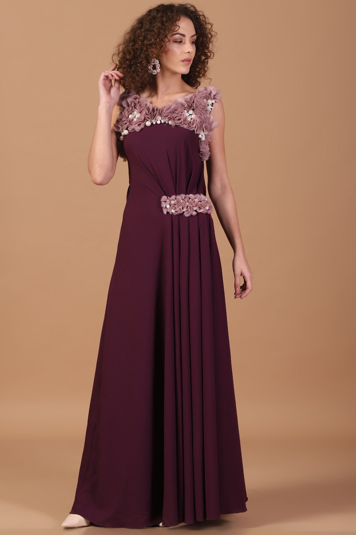 Grecian Pleated Organza ruched Plum Gown