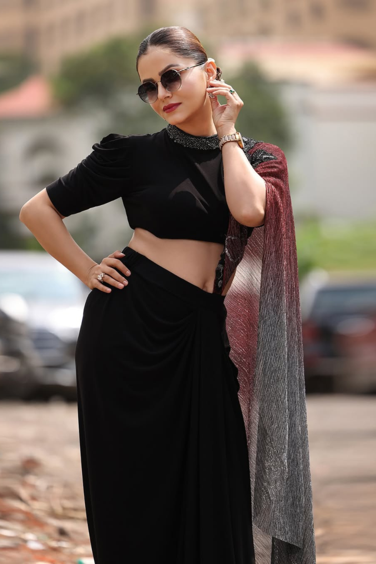 Rubina Dilaik In COCKTAIL MOONLIGHT SHIMMER DRAPE WITH CROP TOP AND DRAPE SKIRT