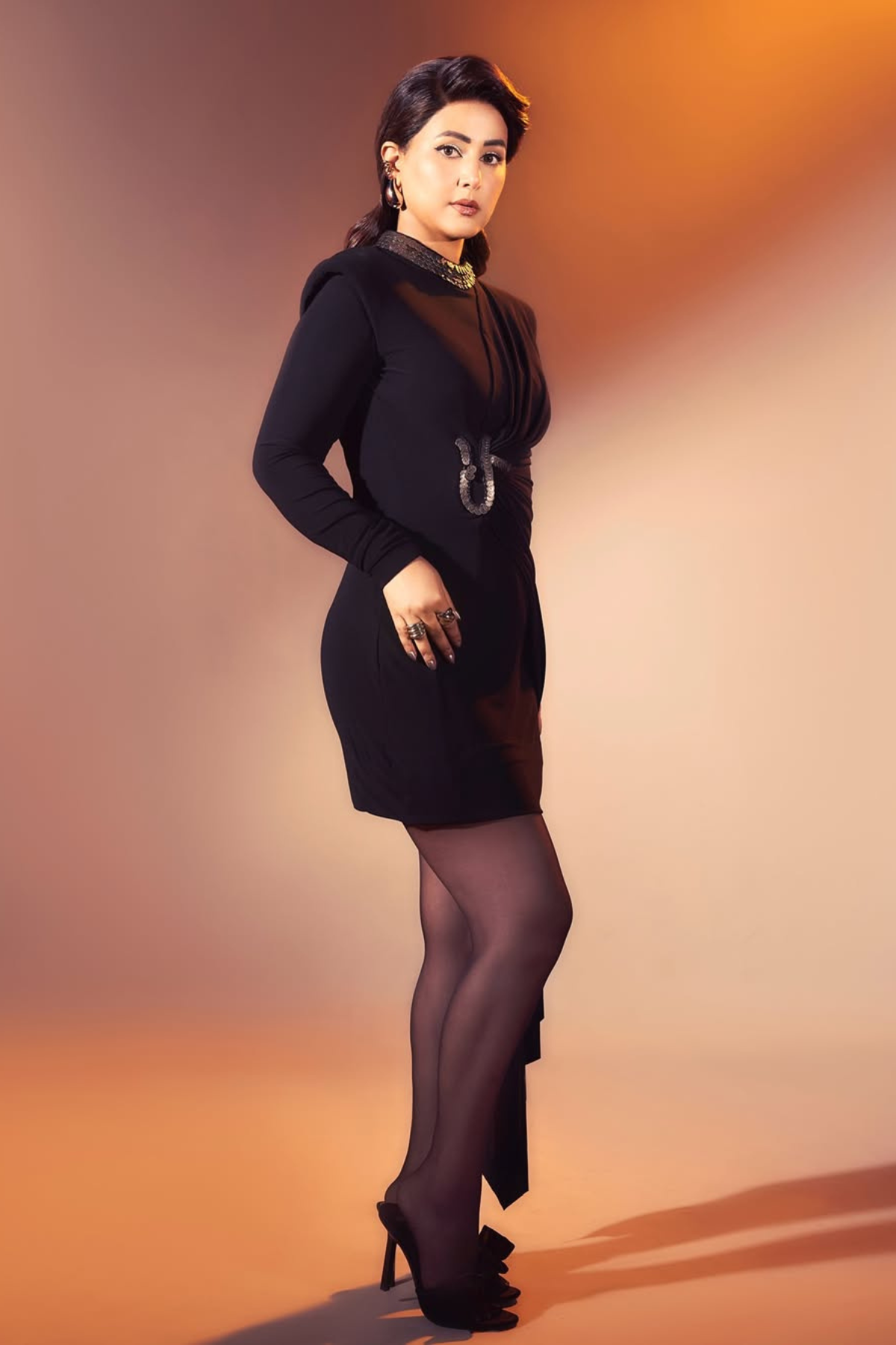 Hina Khan In PADDED SHOULDER COIN DRESS