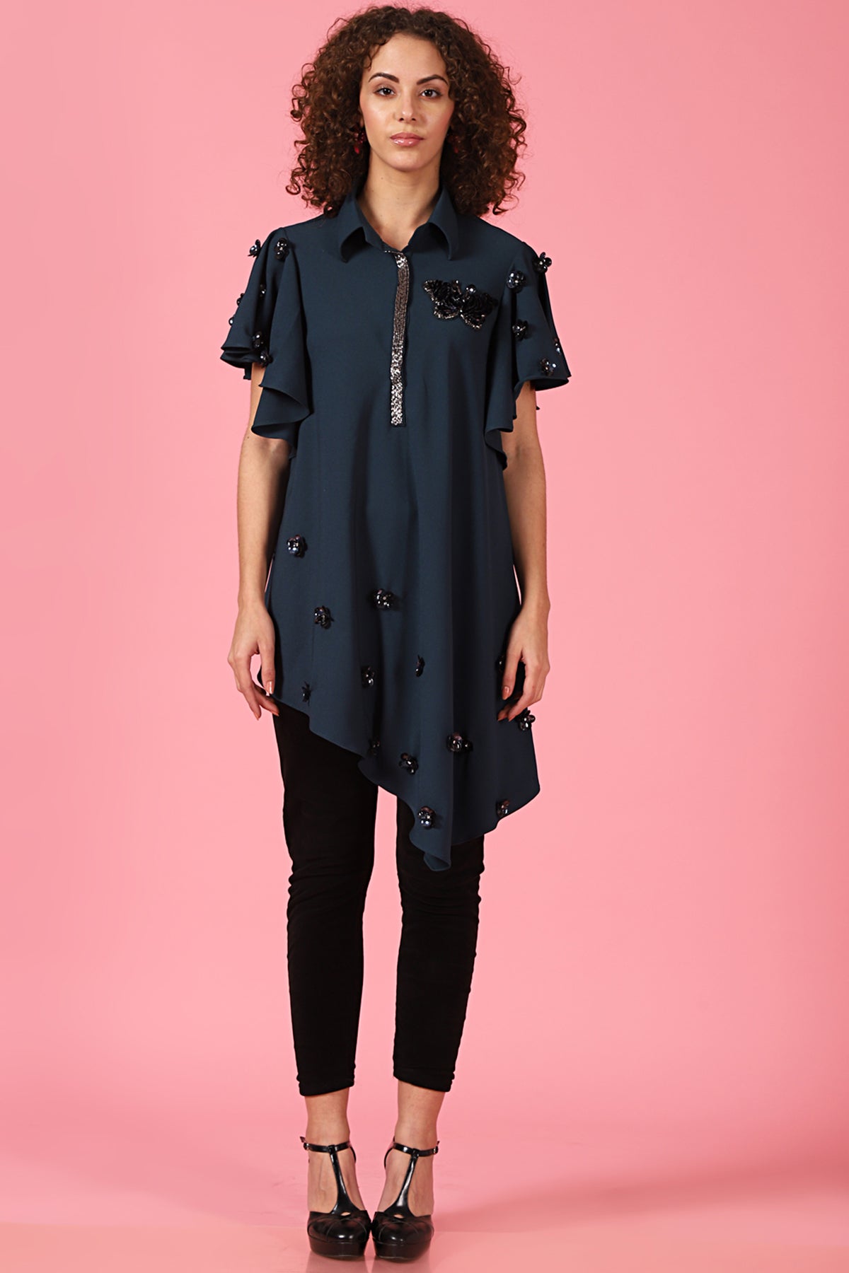 Asymmetric bell sleeves butterfly shirt