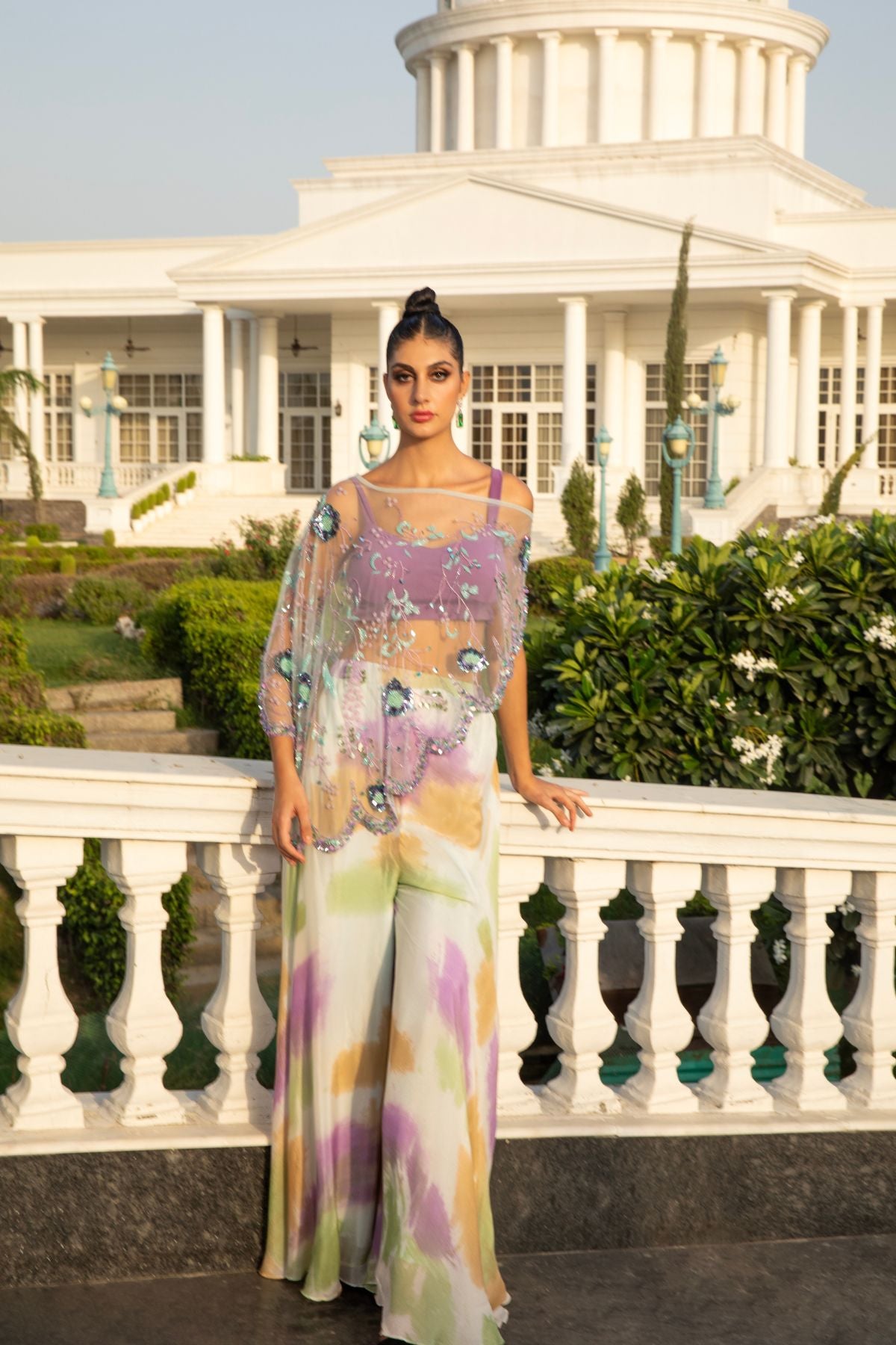 Multi-coloured Palazzo crop top & embellished cape set