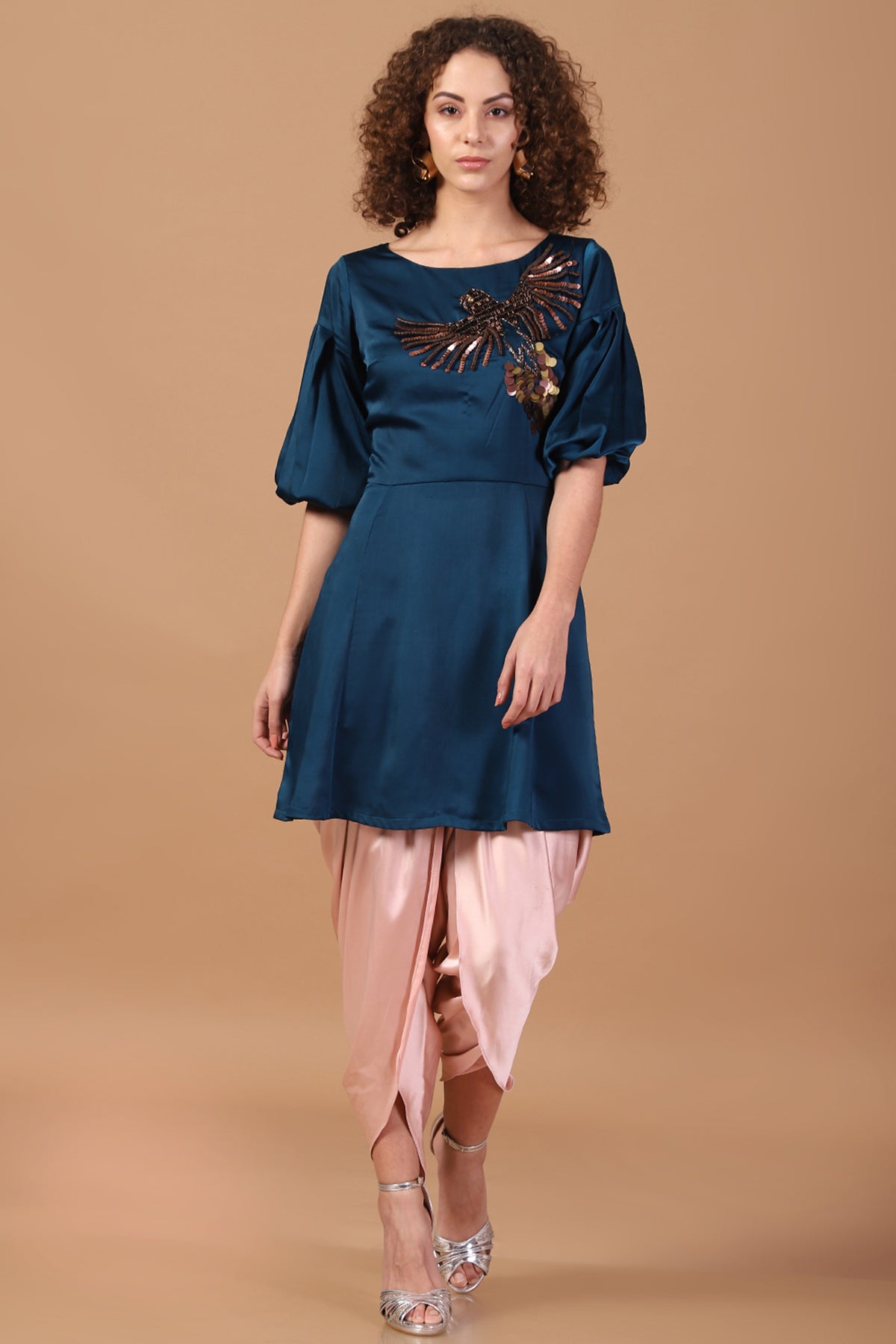 Teal Peplum Kurti with Tulip draped pants