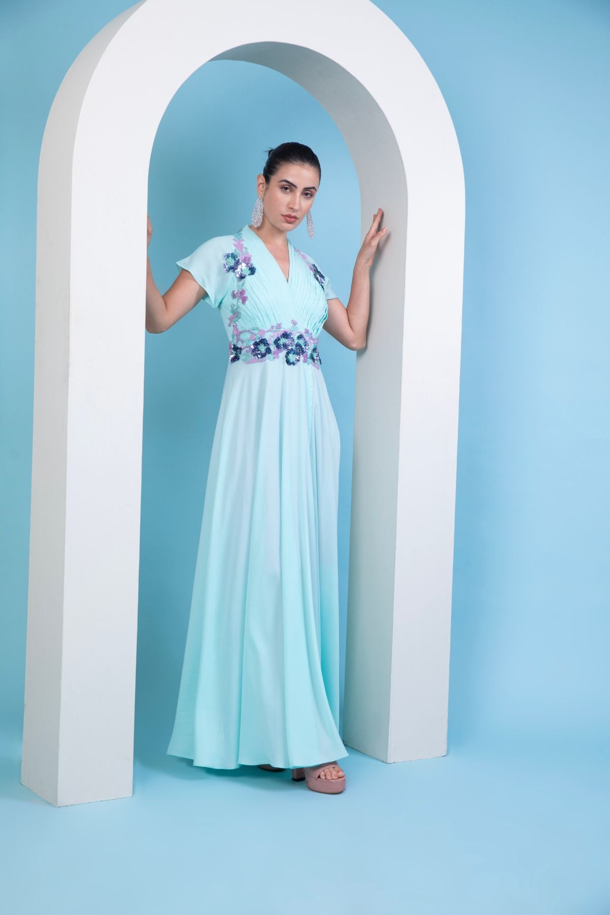 Aqua blue draped Grecian gown