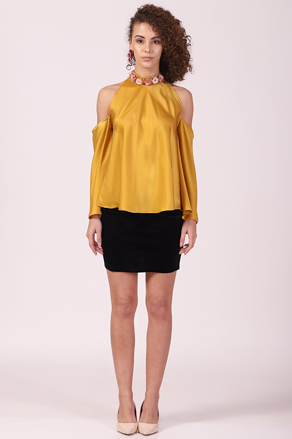 Mustard high-neck Cold Shoulder Top