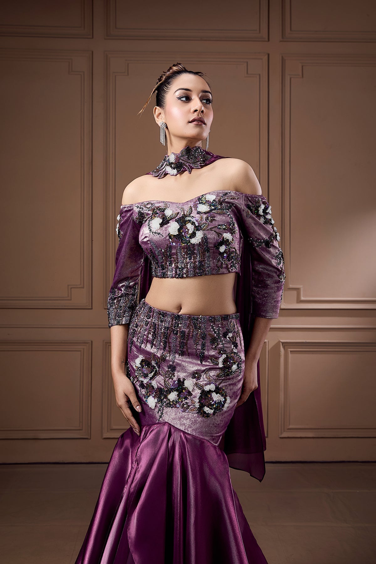 PLUM MERMAID STYLE LEHENGA-CHOLI WITH CORAL INSPIRED WORK AND CHOKER DUPATTA