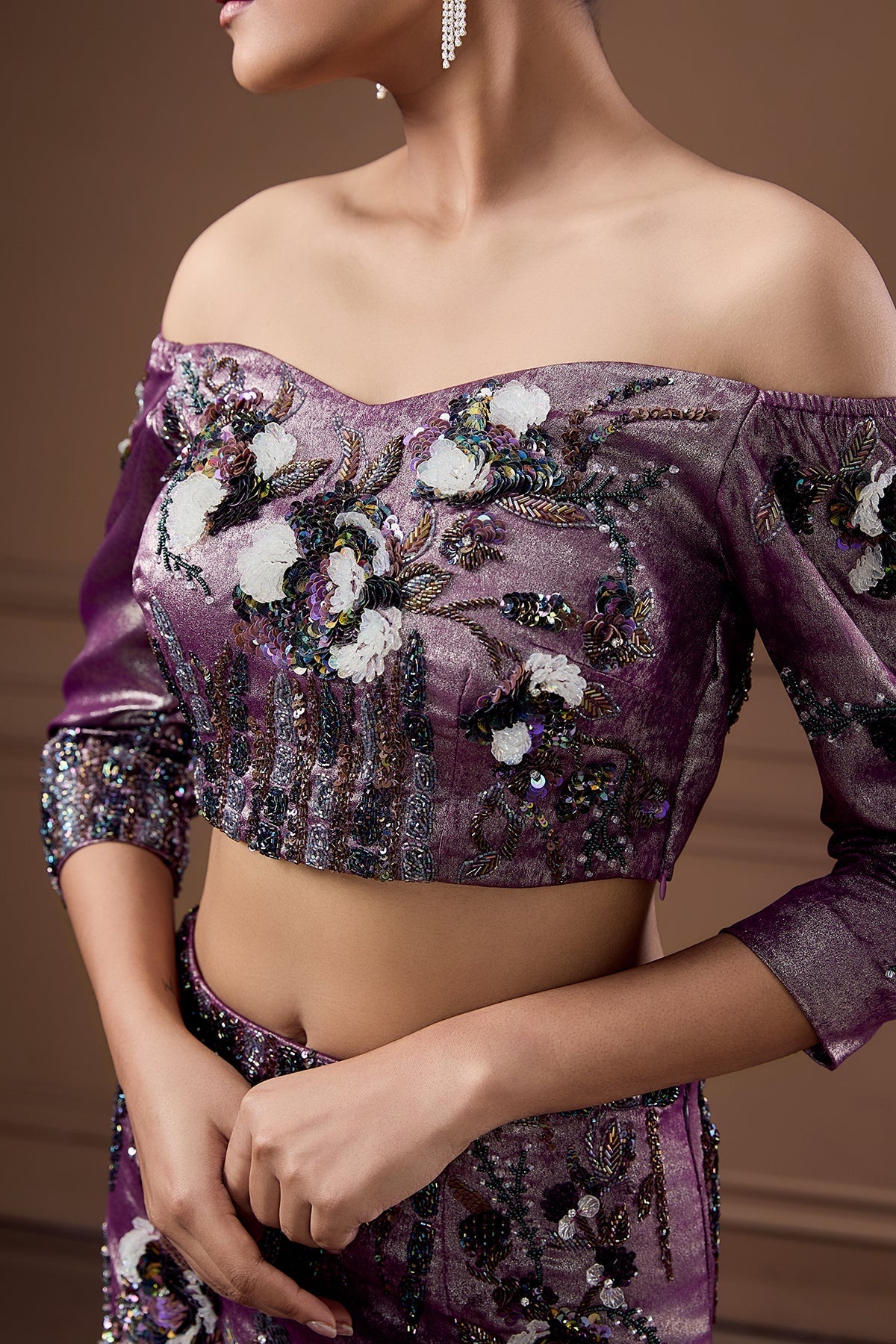 PLUM MERMAID STYLE LEHENGA-CHOLI WITH CORAL INSPIRED WORK AND CHOKER DUPATTA