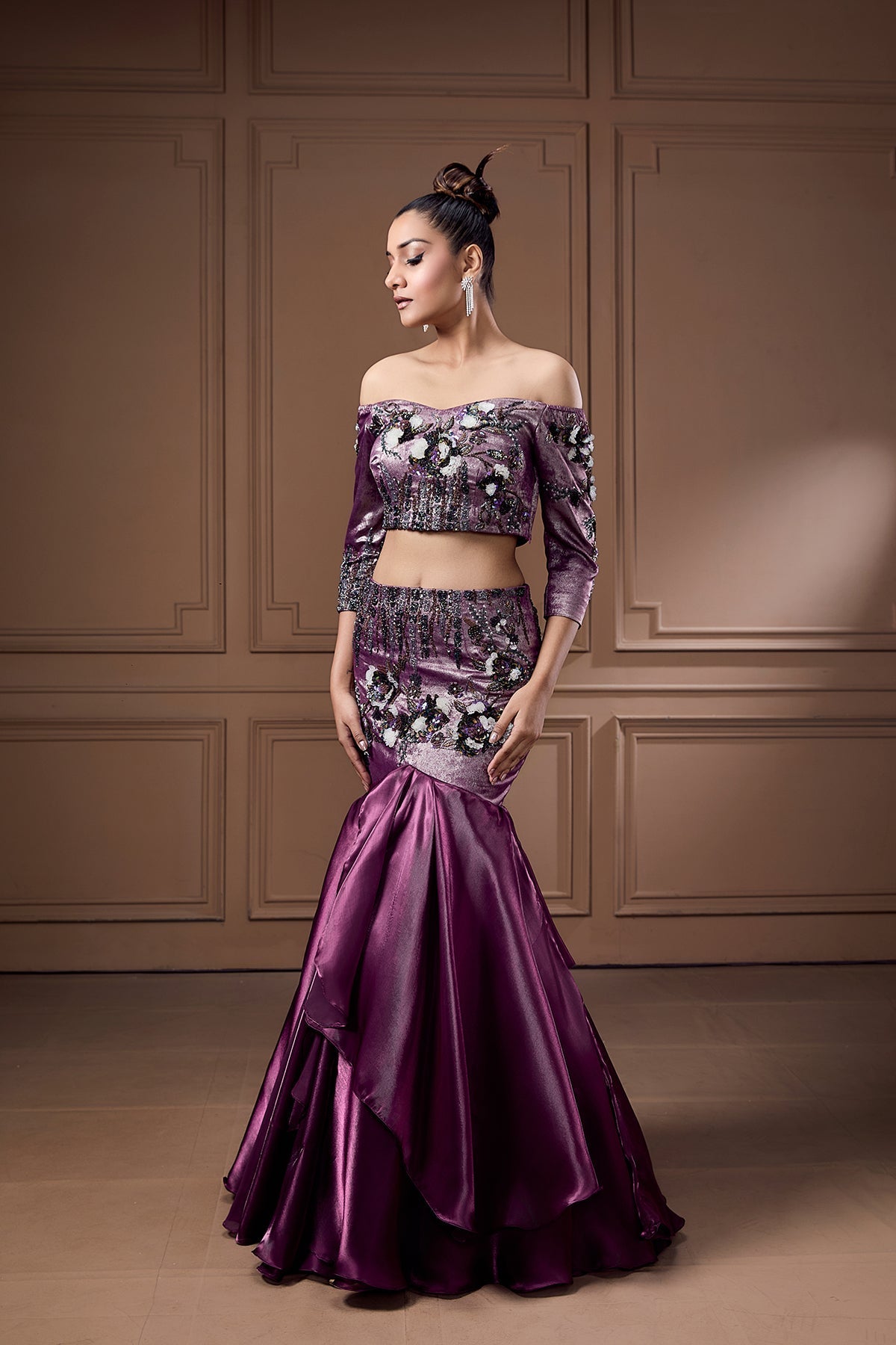 PLUM MERMAID STYLE LEHENGA-CHOLI WITH CORAL INSPIRED WORK AND CHOKER DUPATTA