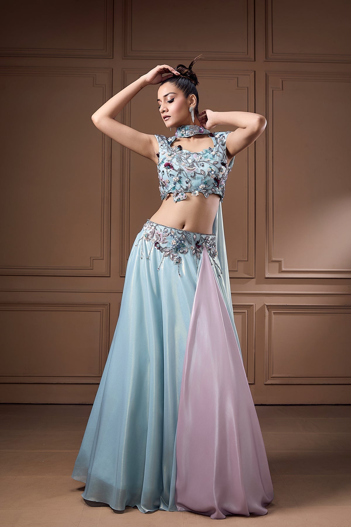 FUSION LEHENGA WITH FLORAL EMBELLISHED CHOLI AND CHOKER DUPATTA