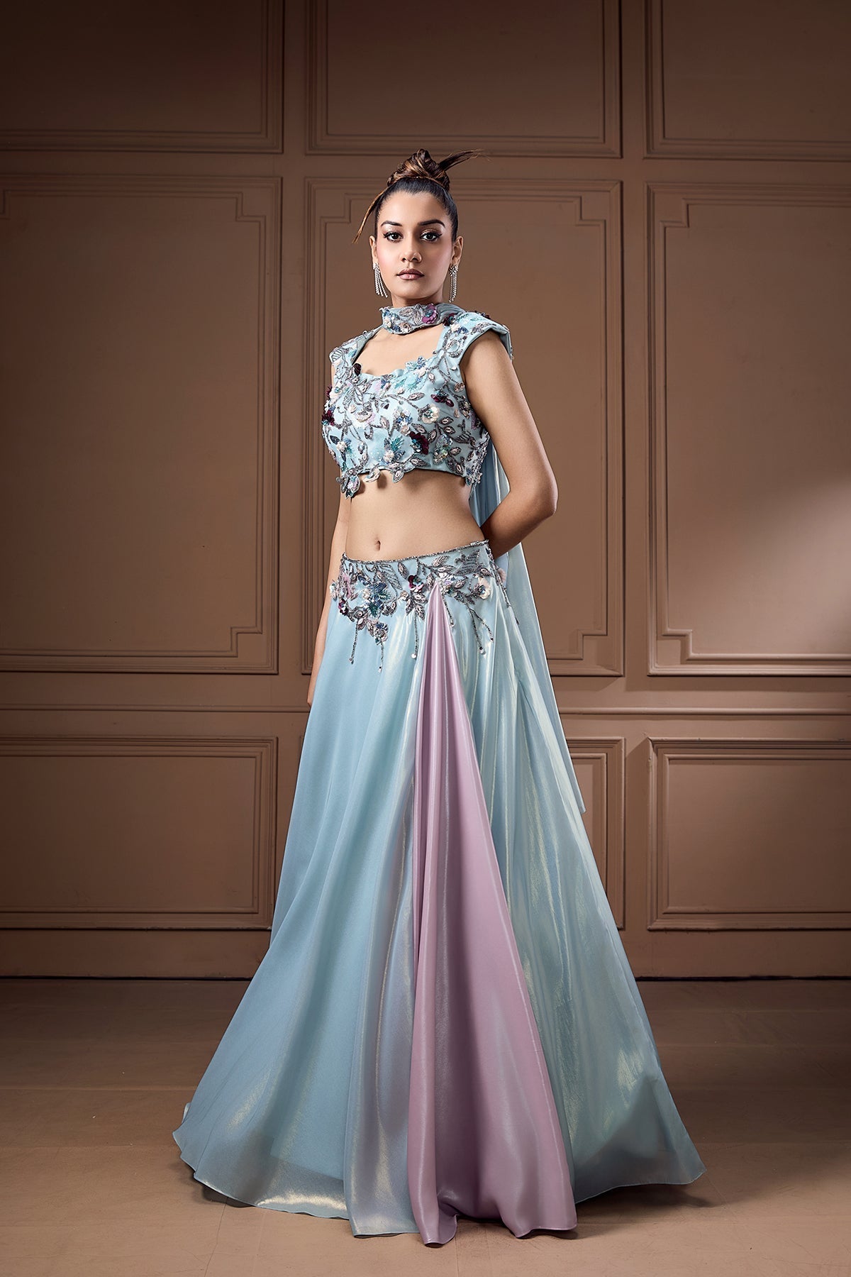 FUSION LEHENGA WITH FLORAL EMBELLISHED CHOLI AND CHOKER DUPATTA