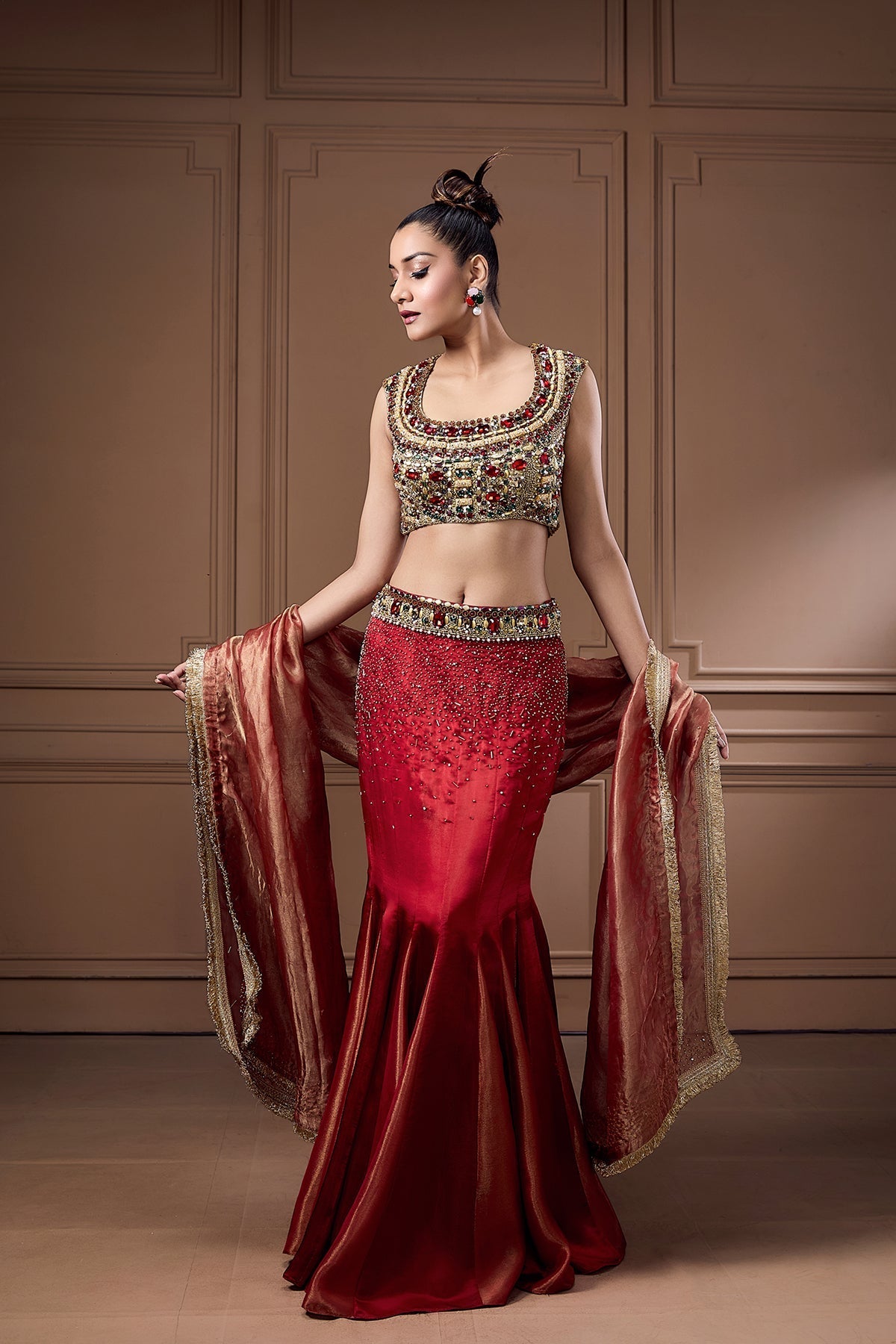 SWAROSKI STATEMENT CHOLI WITH GOITTED LEHENGA AND DUPATTA